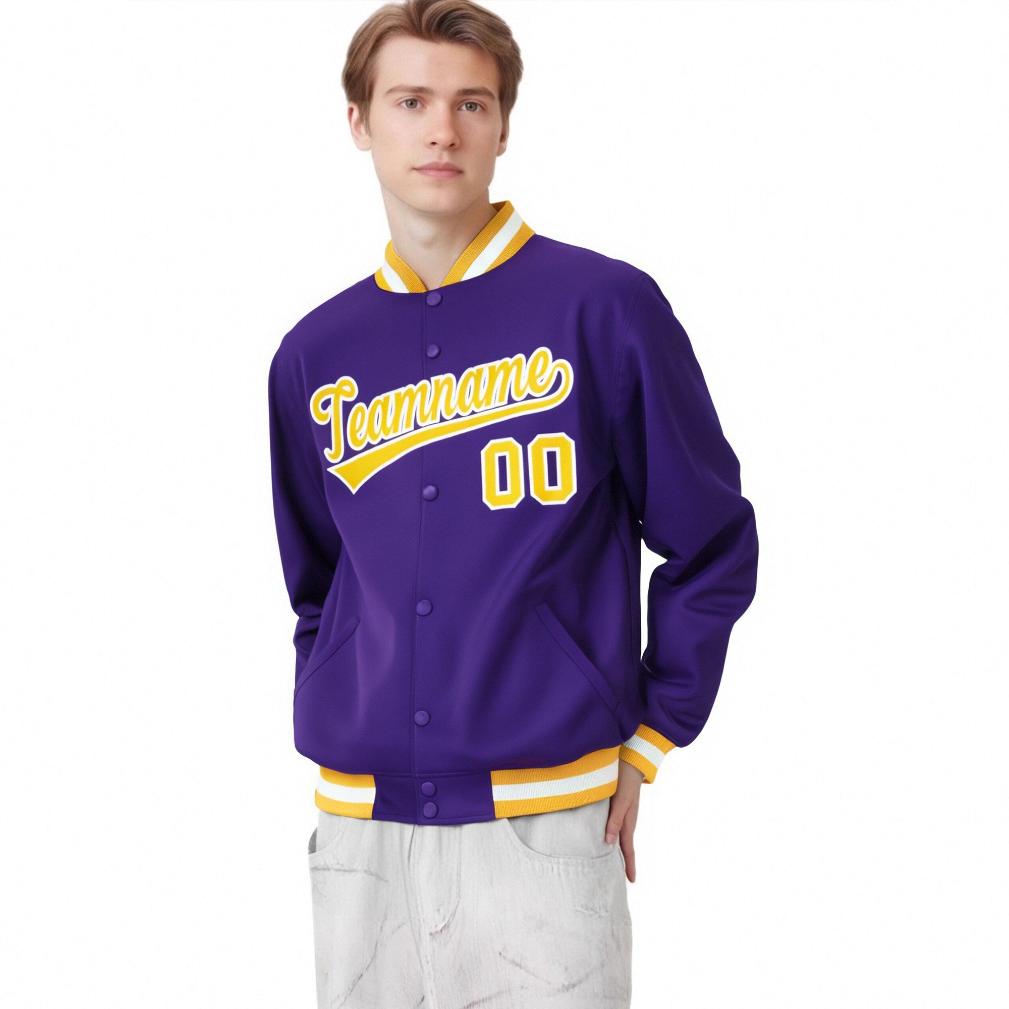 Custom Purple Gold-White Bomber Full-Snap Varsity Letterman Jacket