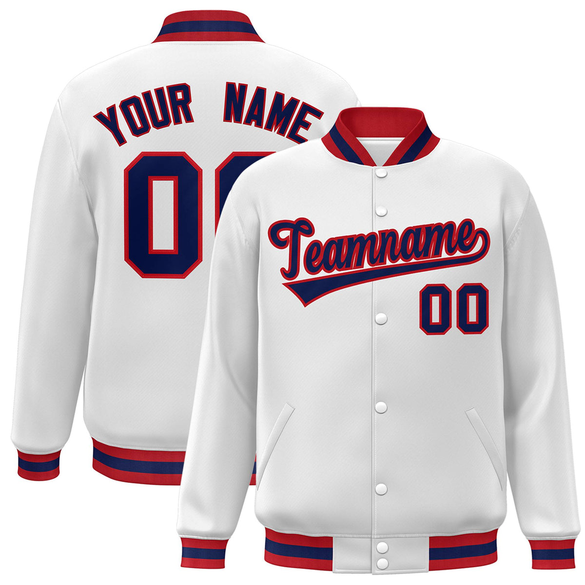 Custom White Navy-Red Bomber Full-Snap Varsity Letterman Jacket