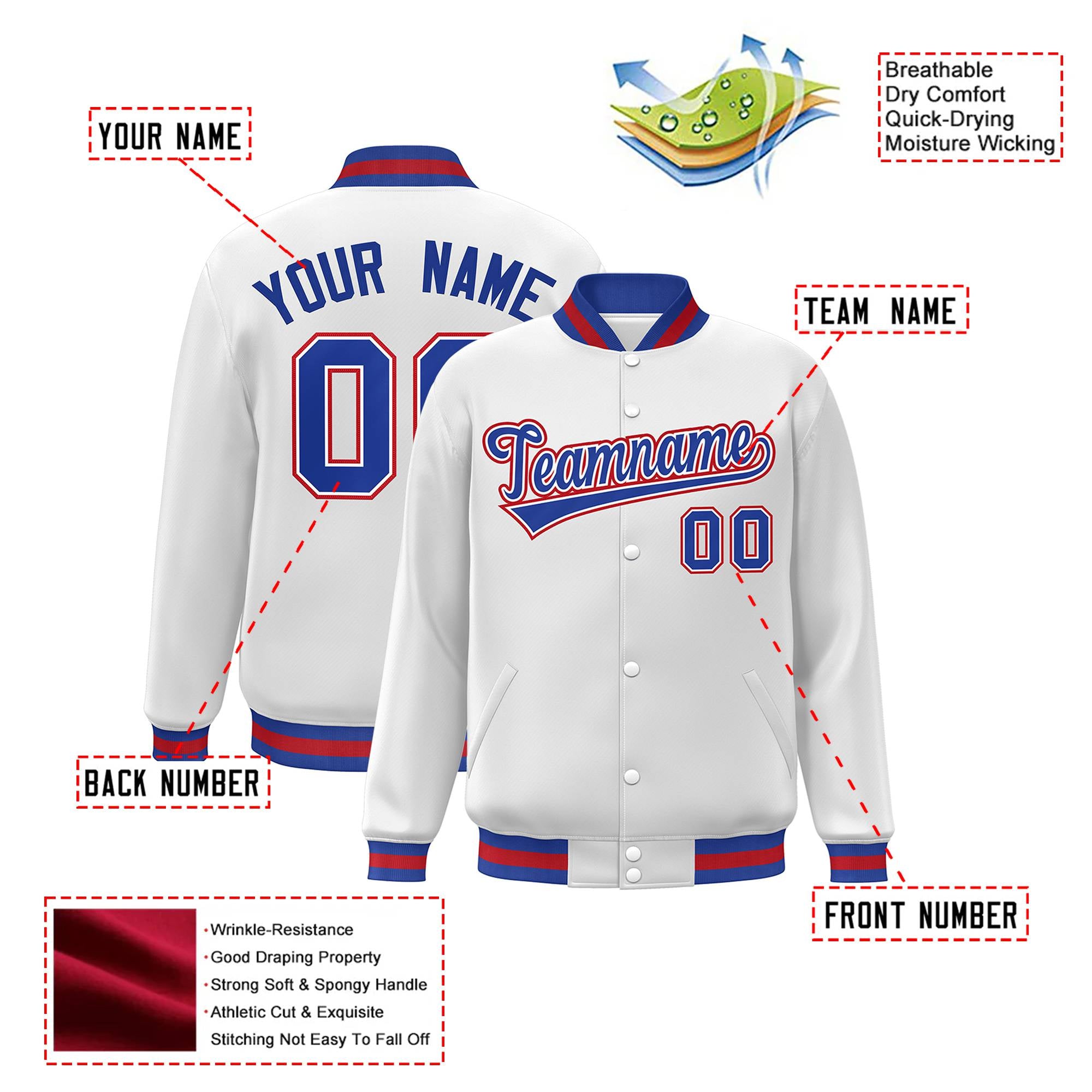 Custom White Thunder-Blue Red Bomber Full-Snap Varsity Letterman Jacket