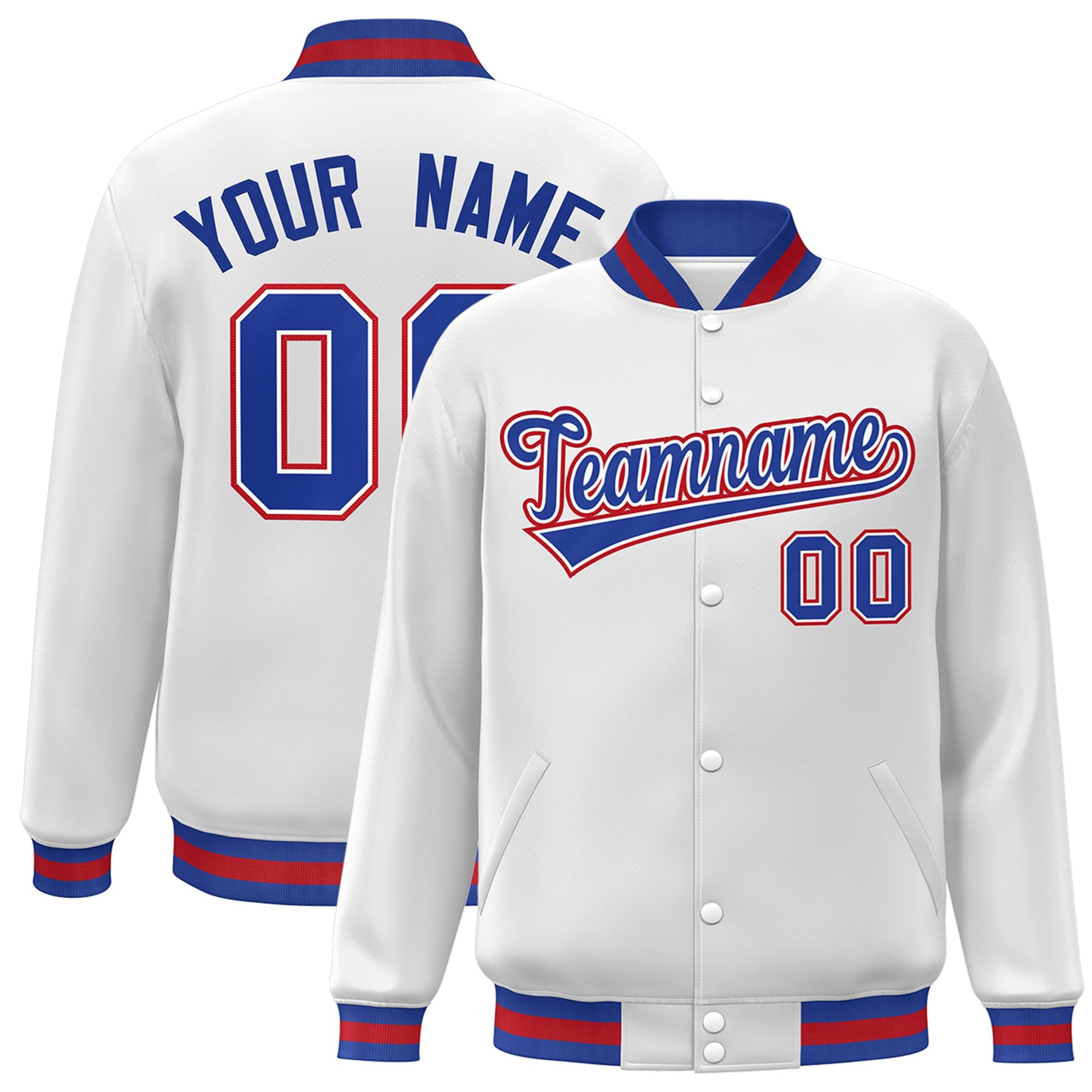 Custom White Thunder-Blue Red Bomber Full-Snap Varsity Letterman Jacket