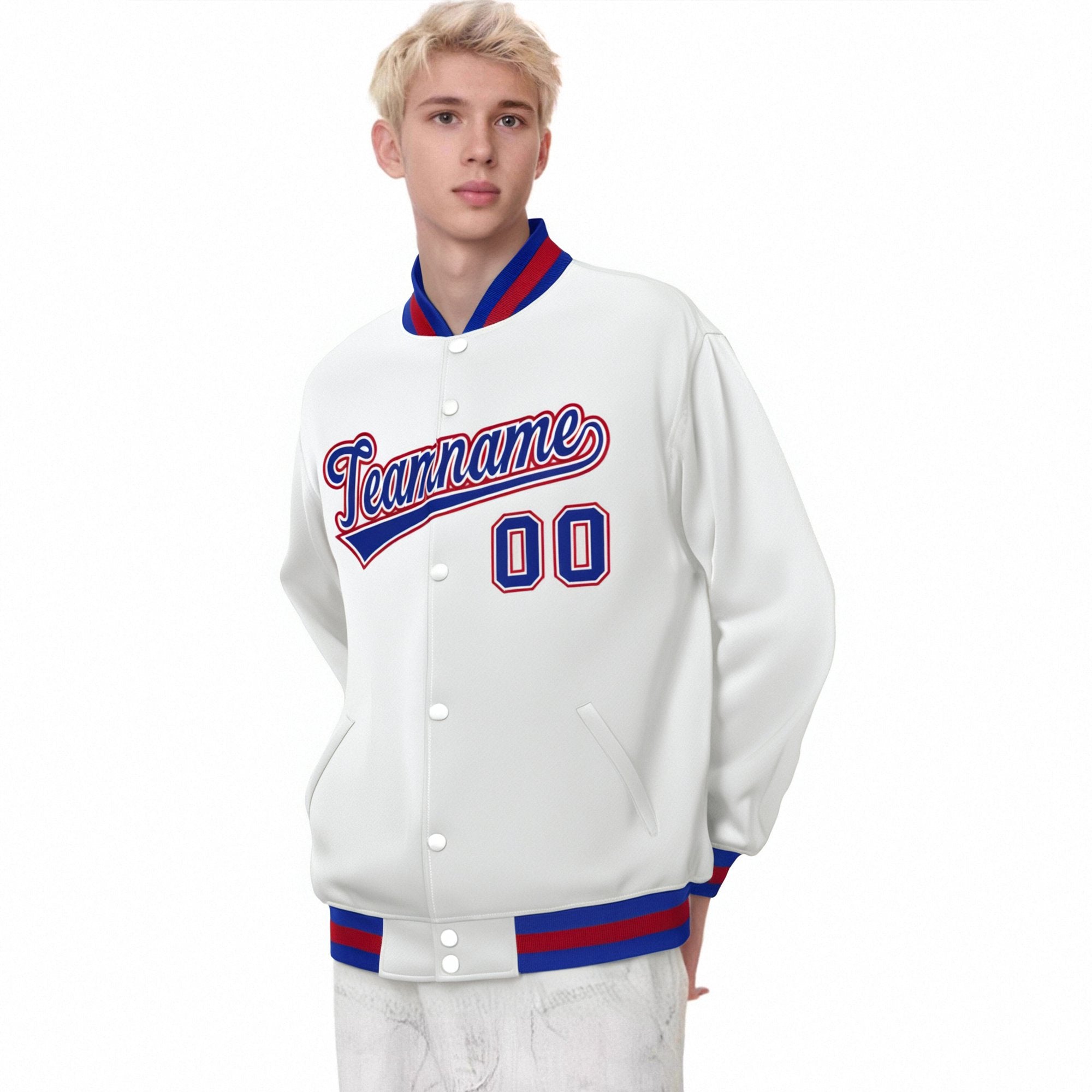 Custom White Thunder-Blue Red Bomber Full-Snap Varsity Letterman Jacket