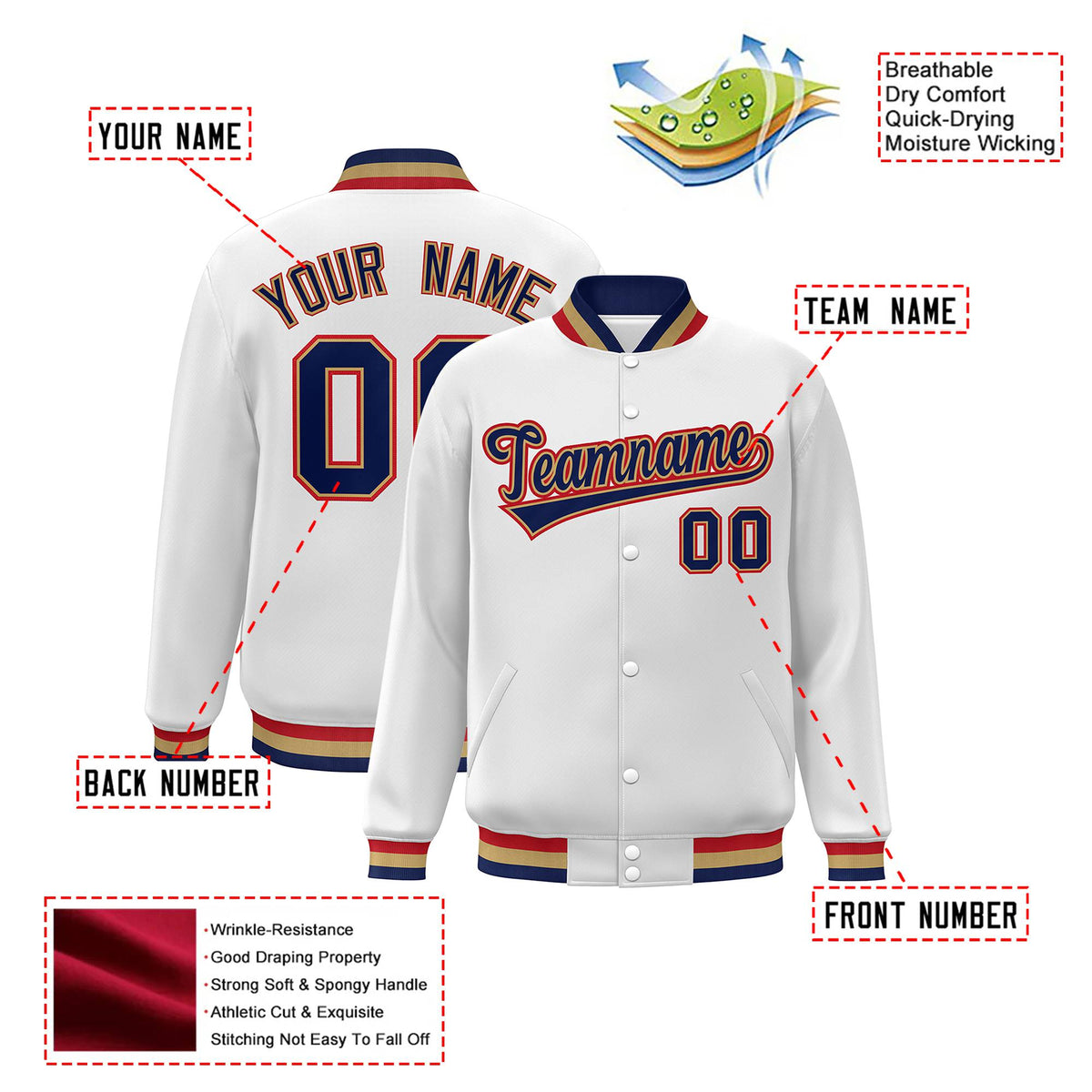 Custom White Navy Old-Gold Bomber Full-Snap Varsity Letterman Jacket