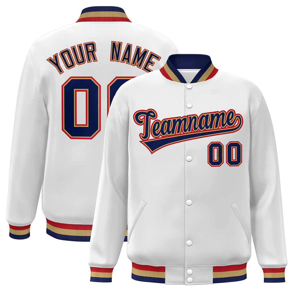 Custom White Navy Old-Gold Bomber Full-Snap Varsity Letterman Jacket