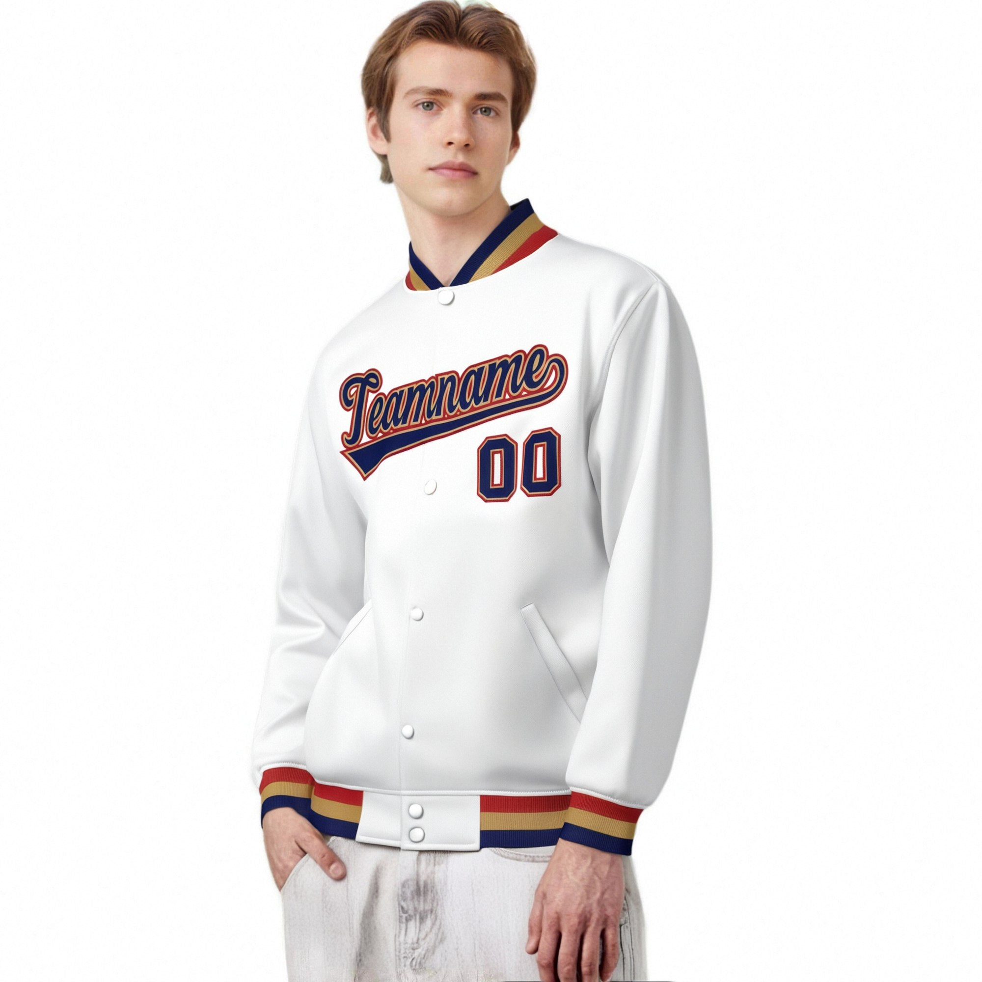 Custom White Navy Old-Gold Bomber Full-Snap Varsity Letterman Jacket