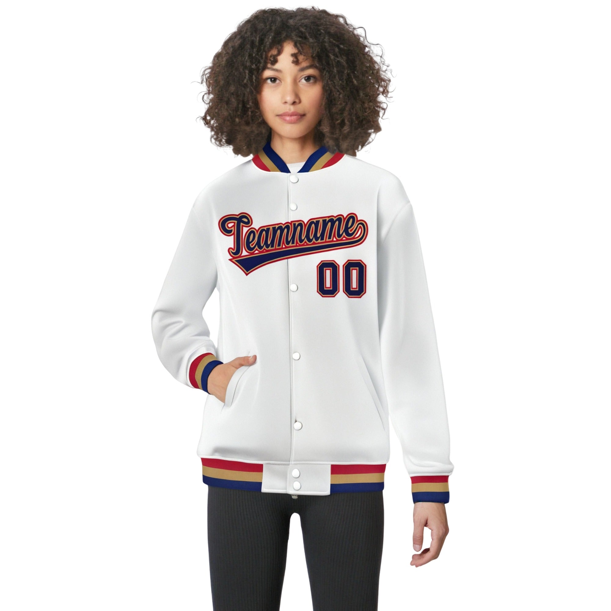 Custom White Navy Old-Gold Bomber Full-Snap Varsity Letterman Jacket