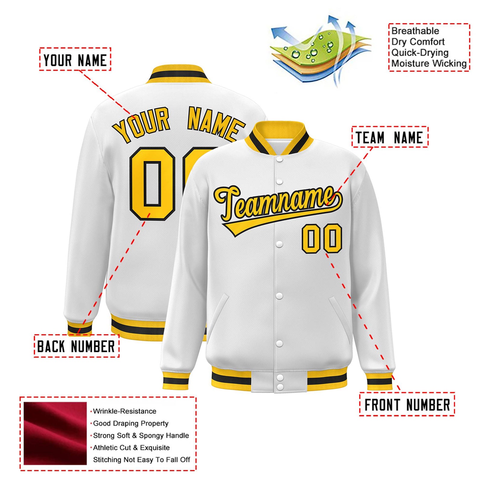 Custom White Yellow-Black Bomber Full-Snap Varsity Letterman Jacket