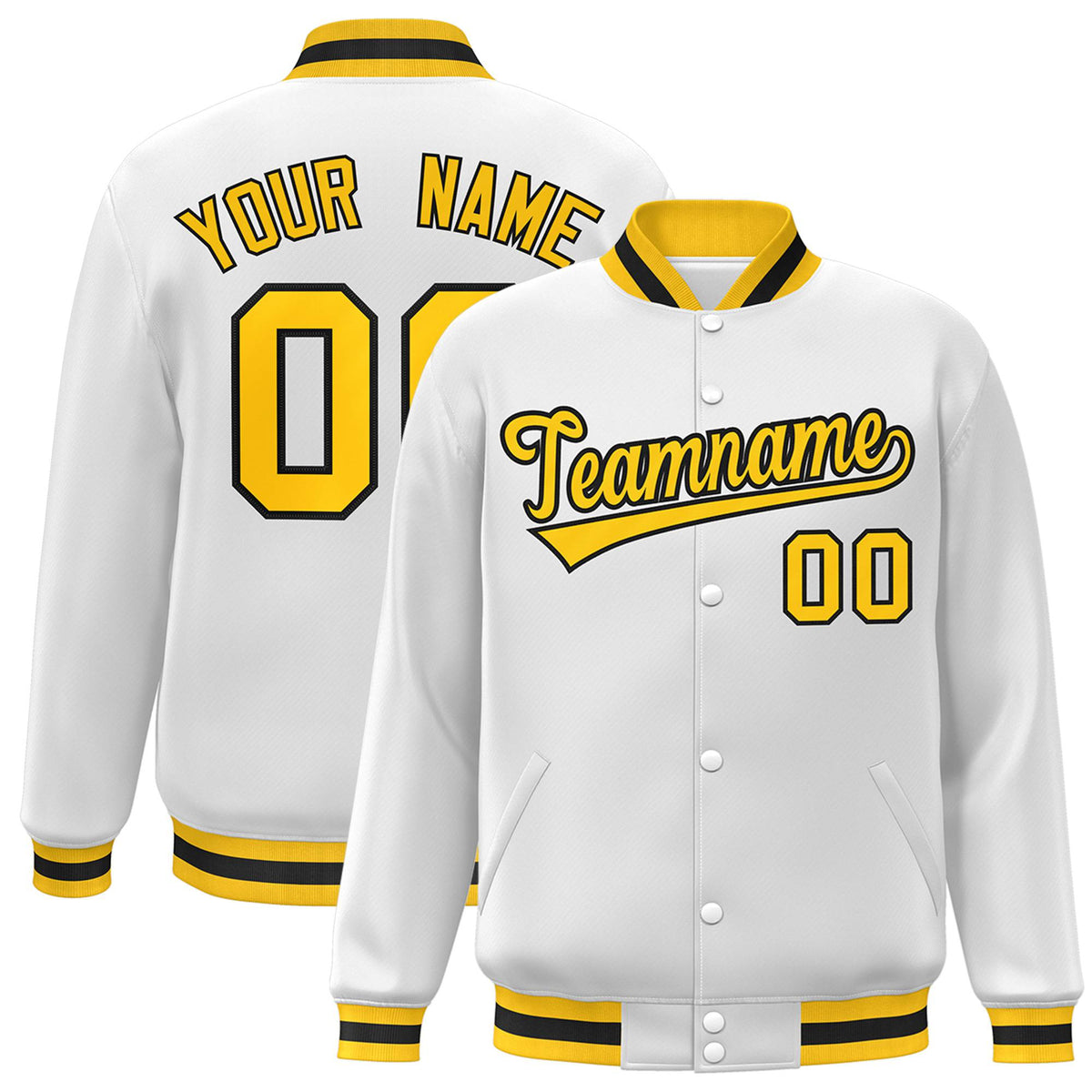 Custom White Yellow-Black Bomber Full-Snap Varsity Letterman Jacket
