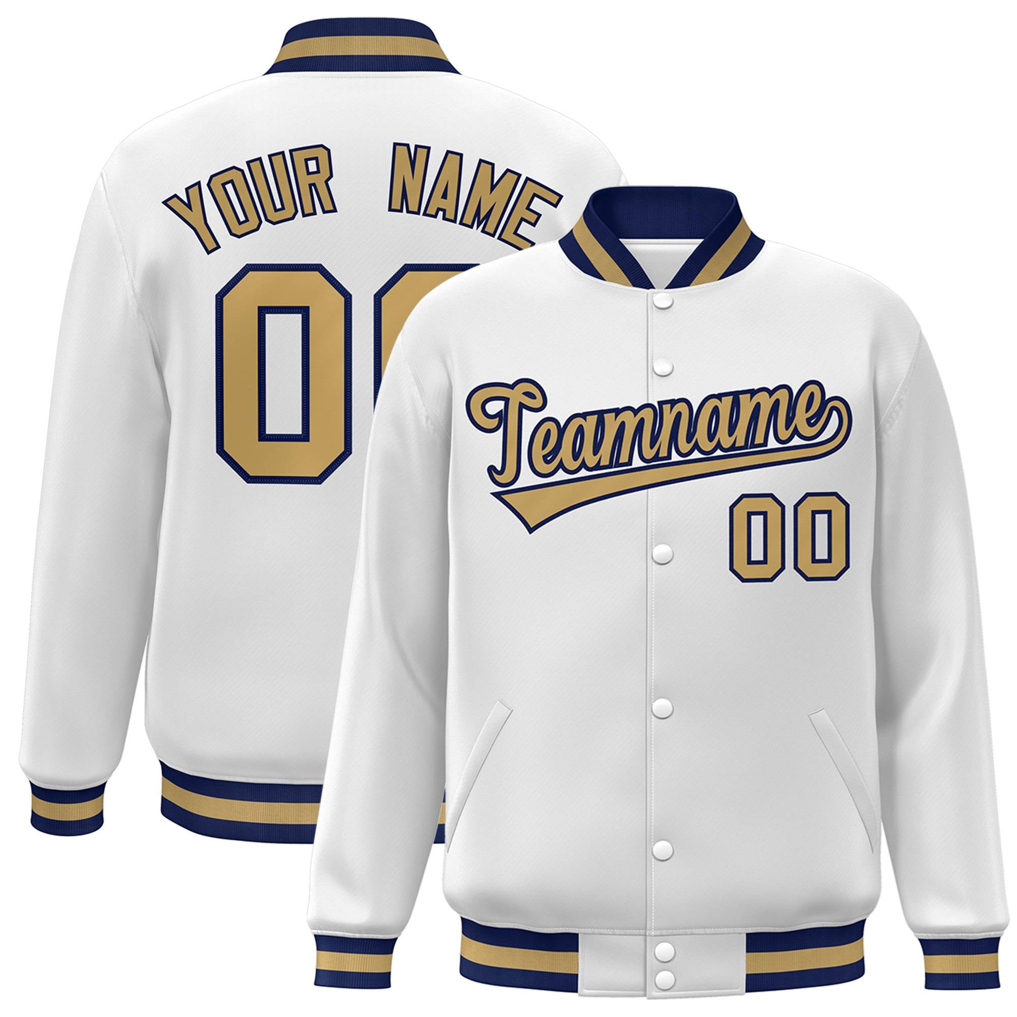 Custom White Old-Gold Navy Bomber Full-Snap Varsity Letterman Jacket