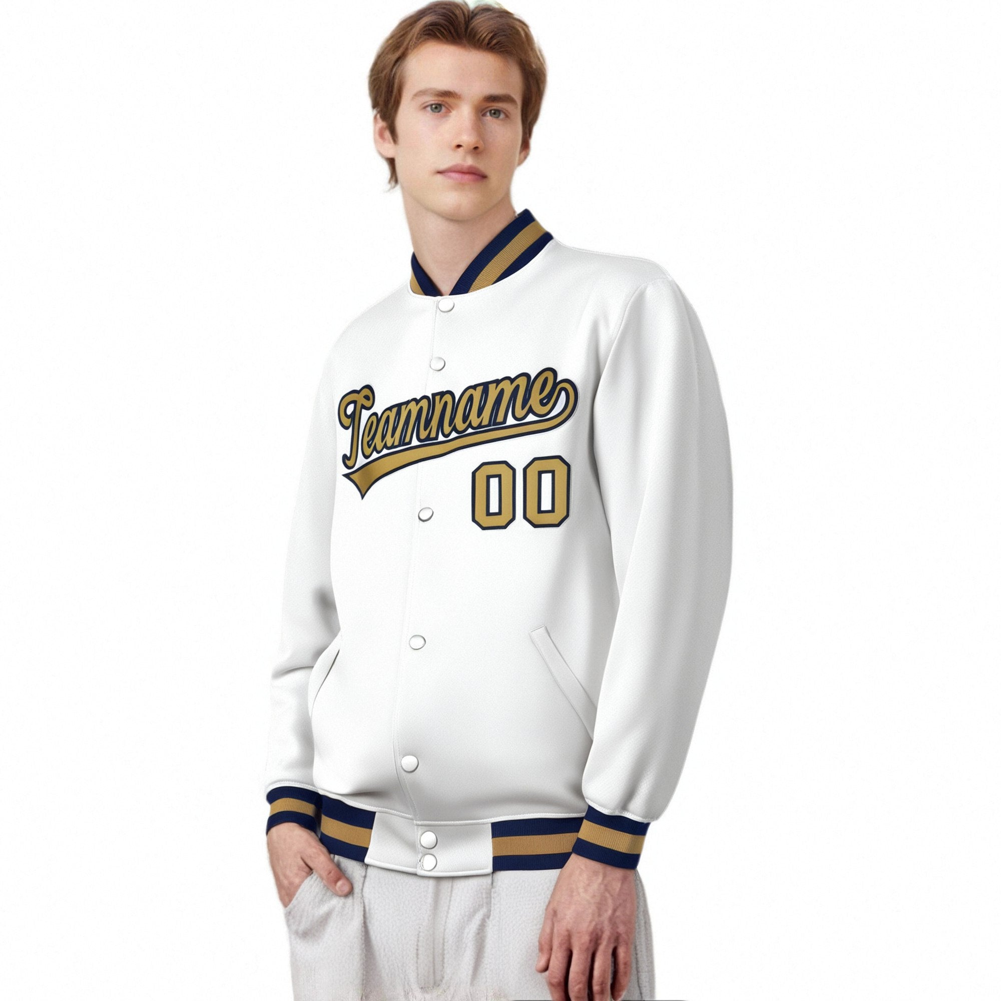 Custom White Old-Gold Navy Bomber Full-Snap Varsity Letterman Jacket