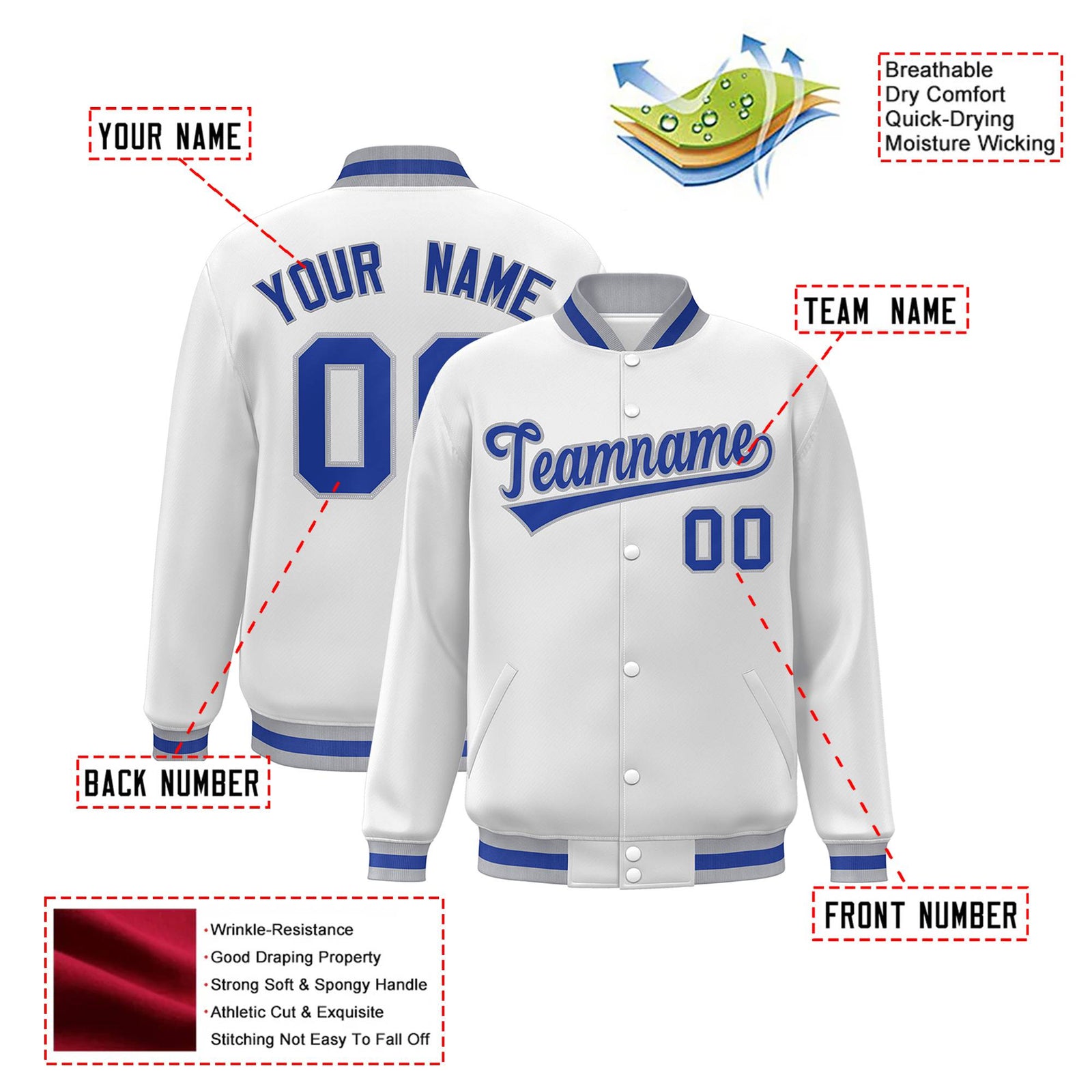Custom White Thunder-Blue Gray Bomber Full-Snap Varsity Letterman Jacket