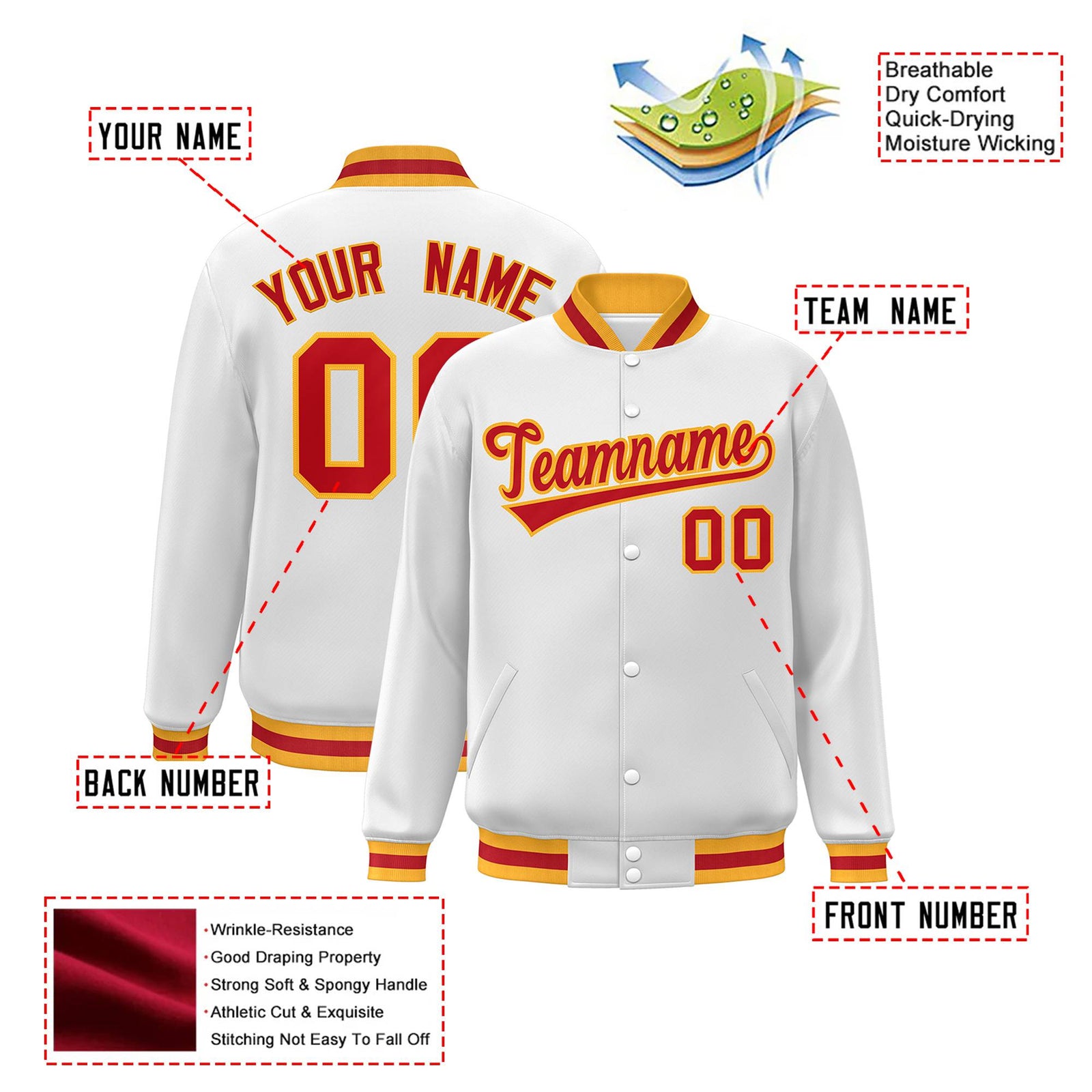 Custom White Orange Yellow Bomber Full-Snap Varsity Letterman Jacket