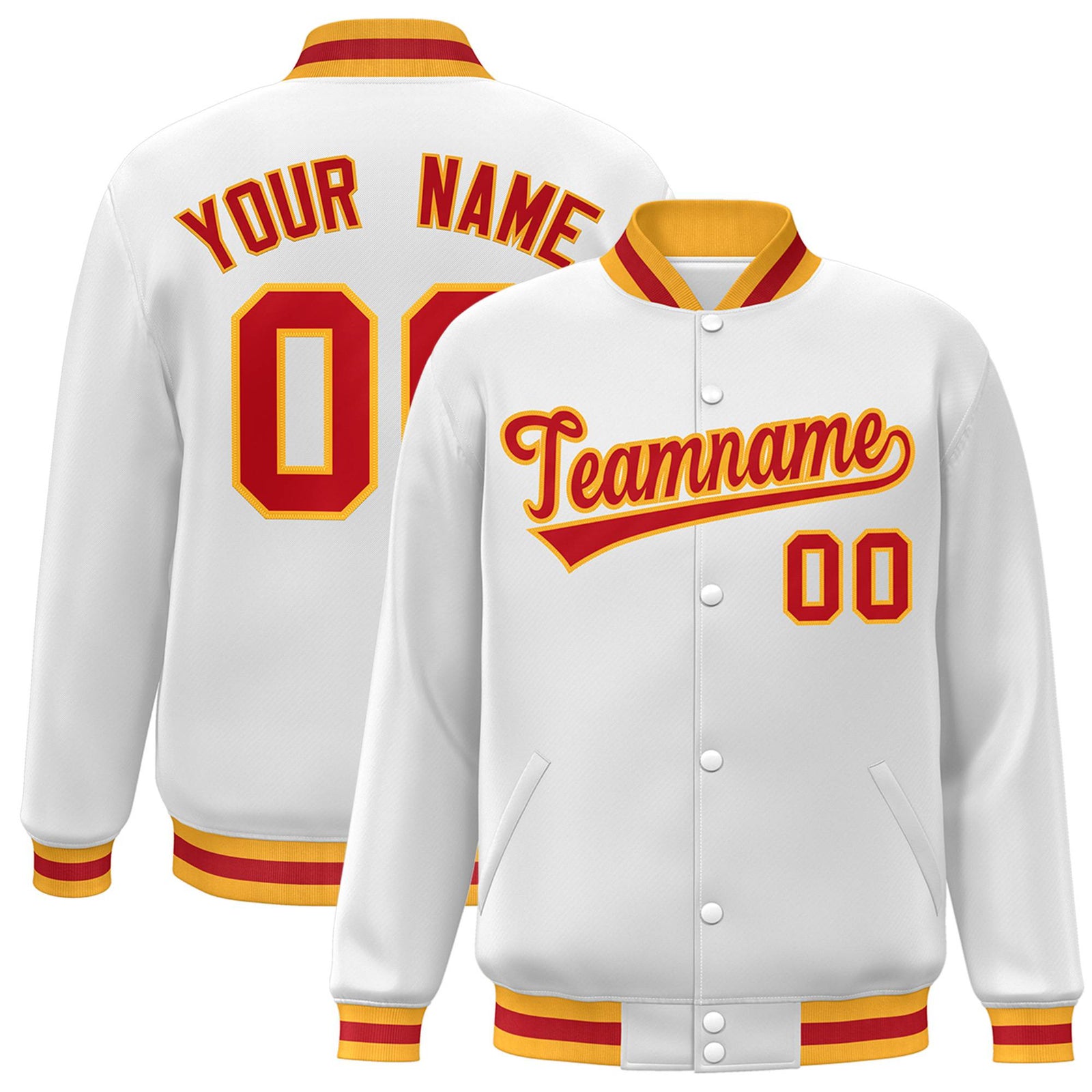 Custom White Orange Yellow Bomber Full-Snap Varsity Letterman Jacket