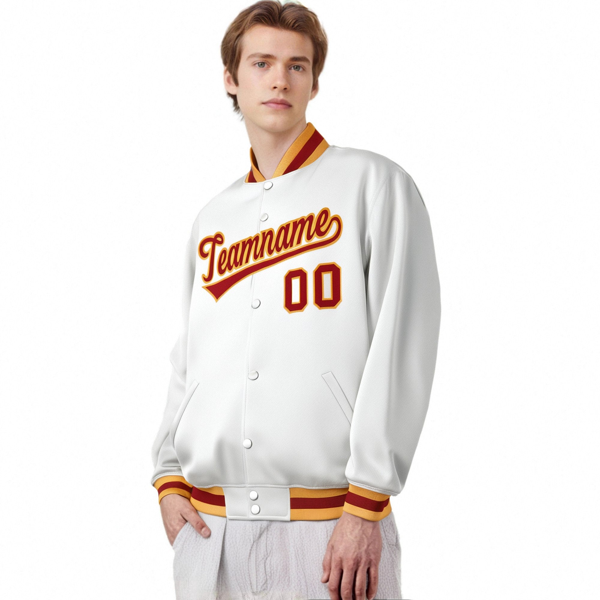 Custom White Orange Yellow Bomber Full-Snap Varsity Letterman Jacket