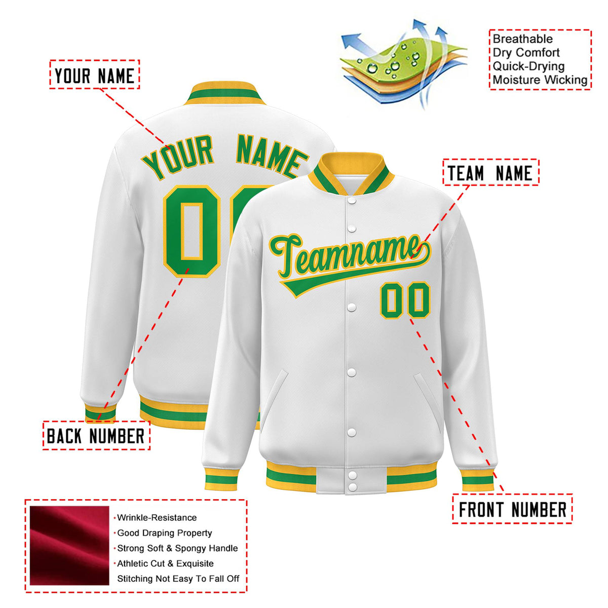 Custom White Neon-Green Yellow Bomber Full-Snap Varsity Letterman Jacket