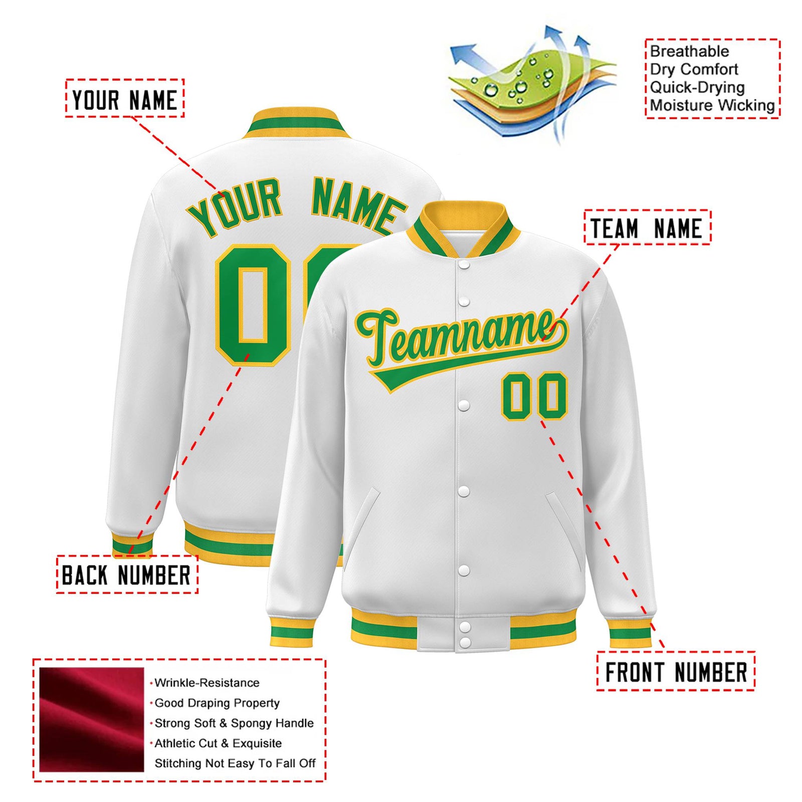 Custom White Neon-Green Yellow Bomber Full-Snap Varsity Letterman Jacket