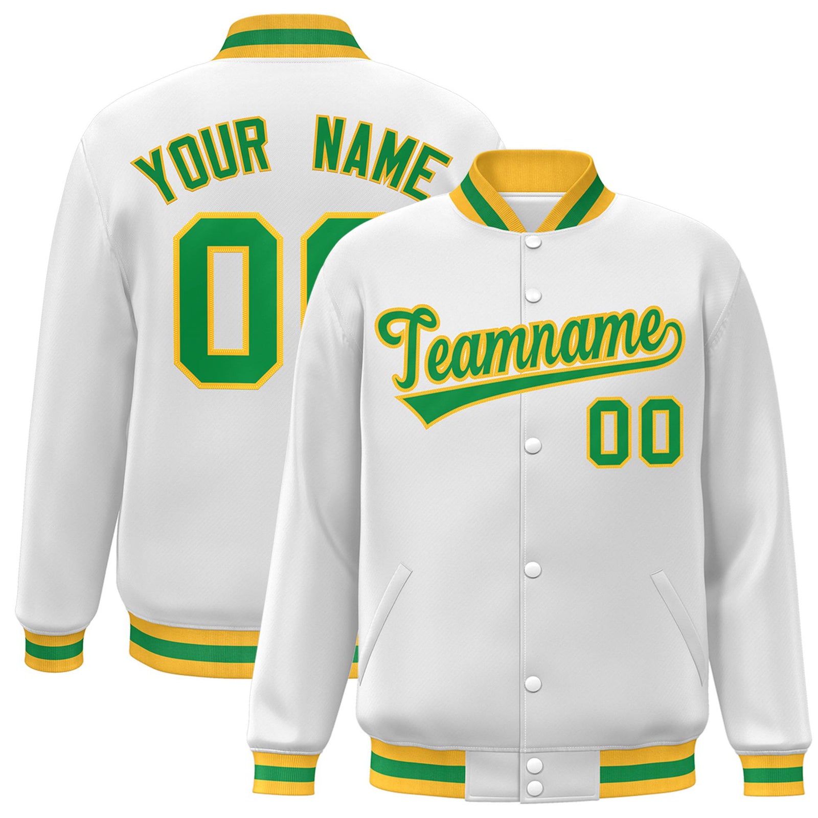 Custom White Neon-Green Yellow Bomber Full-Snap Varsity Letterman Jacket