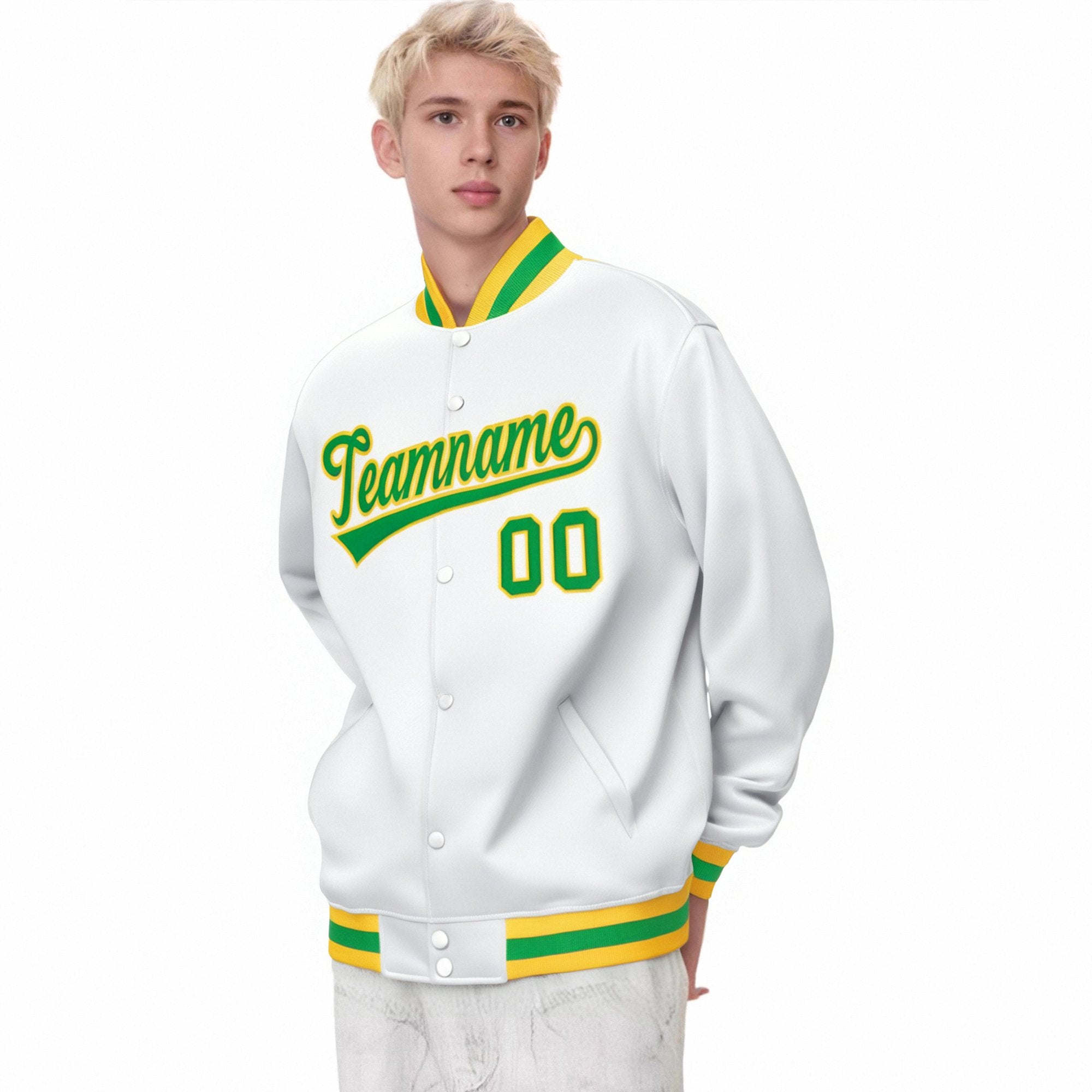 Custom White Neon-Green Yellow Bomber Full-Snap Varsity Letterman Jacket