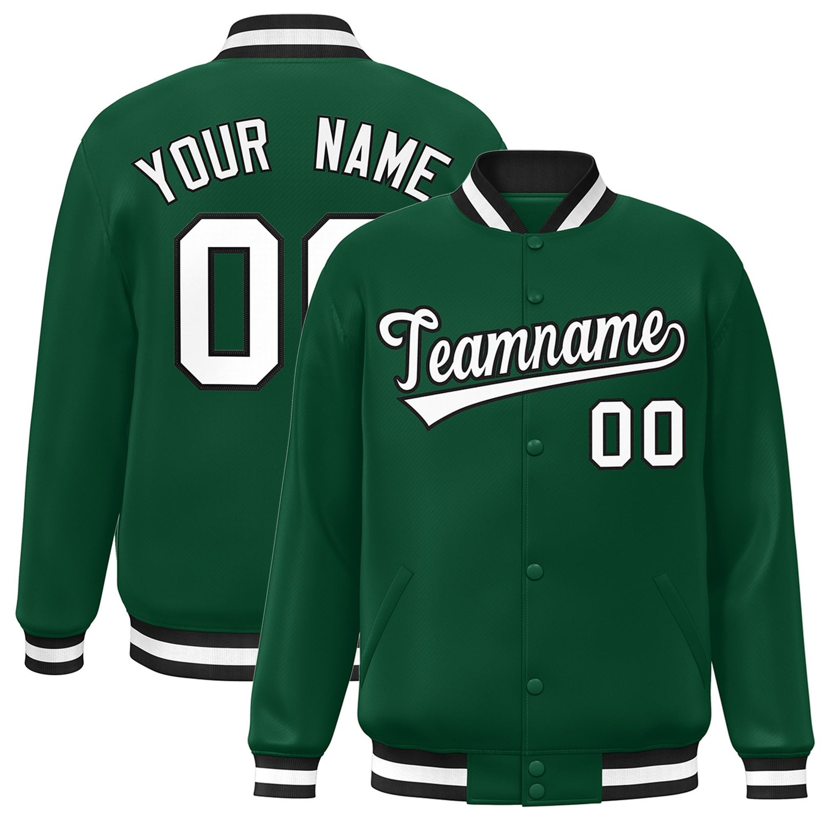 Custom Kelly Green White-Black Bomber Full-Snap Varsity Letterman Jacket