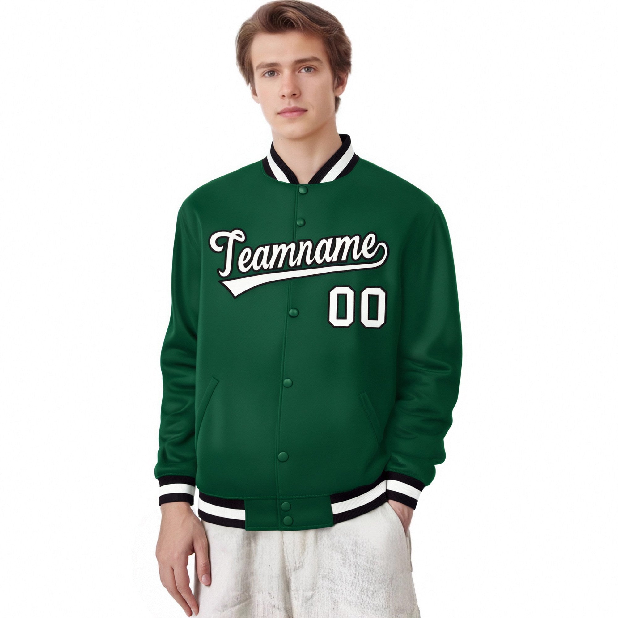 Custom Kelly Green White-Black Bomber Full-Snap Varsity Letterman Jacket