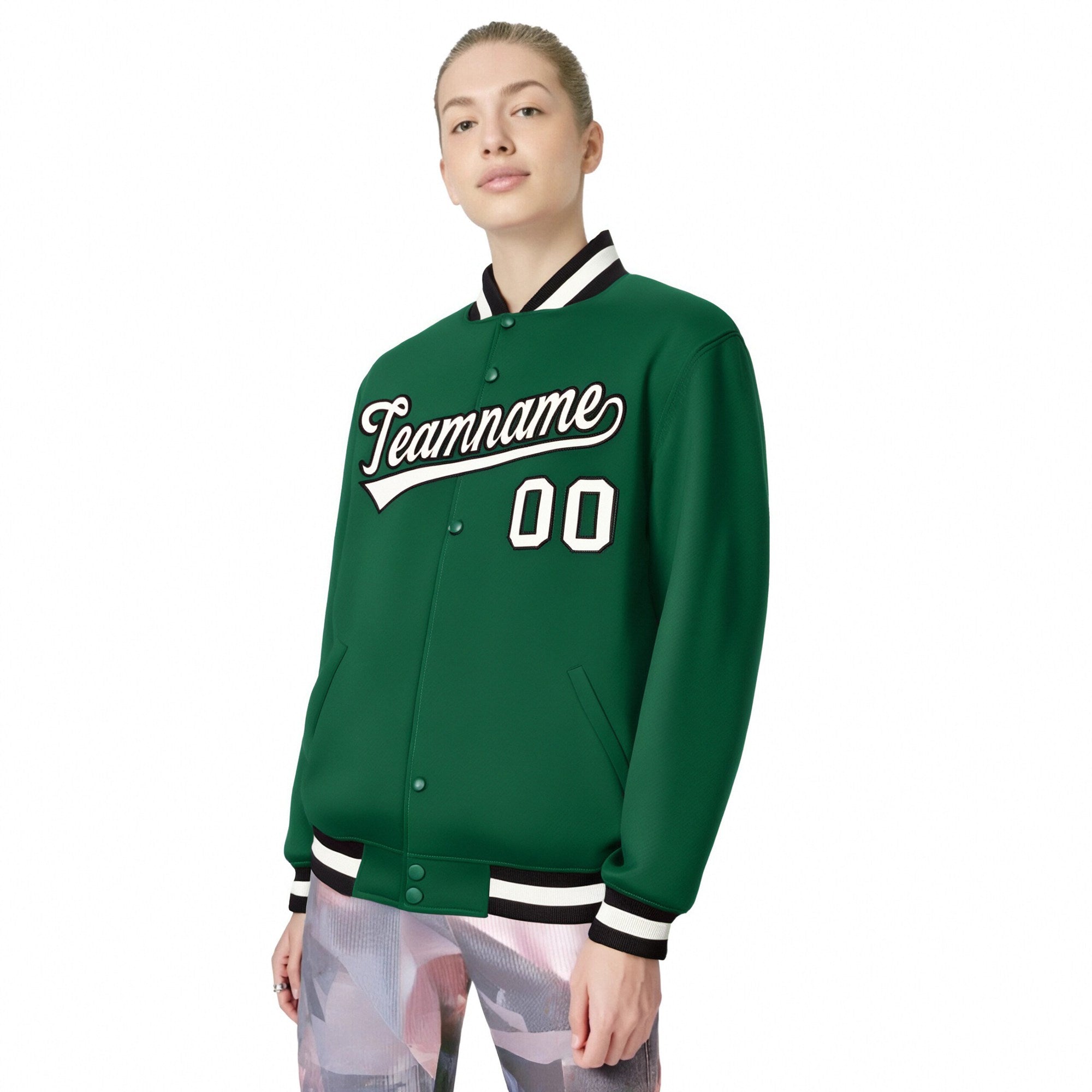 Custom Kelly Green White-Black Bomber Full-Snap Varsity Letterman Jacket