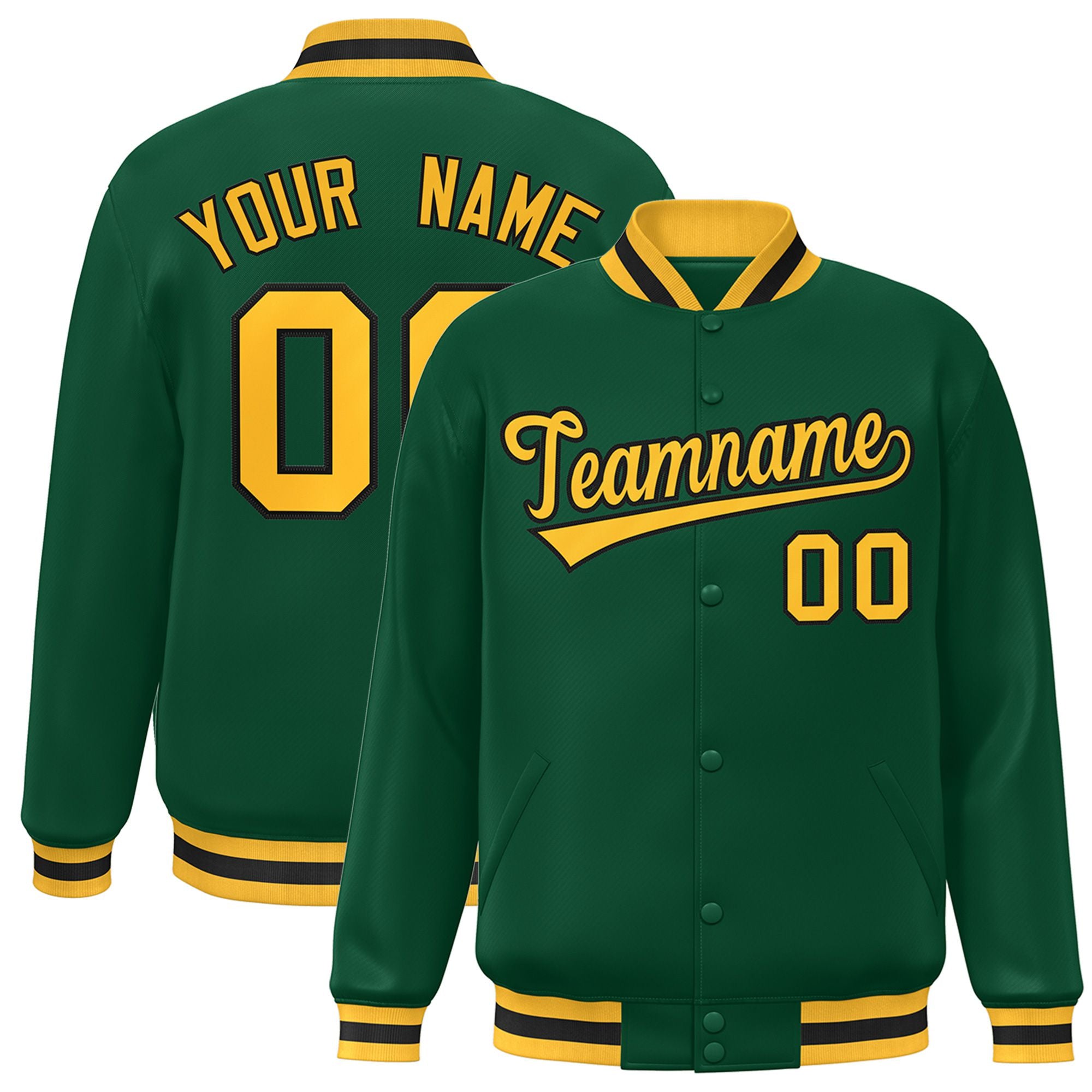 Custom Kelly Green Yellow-Black Bomber Full-Snap Varsity Letterman Jacket