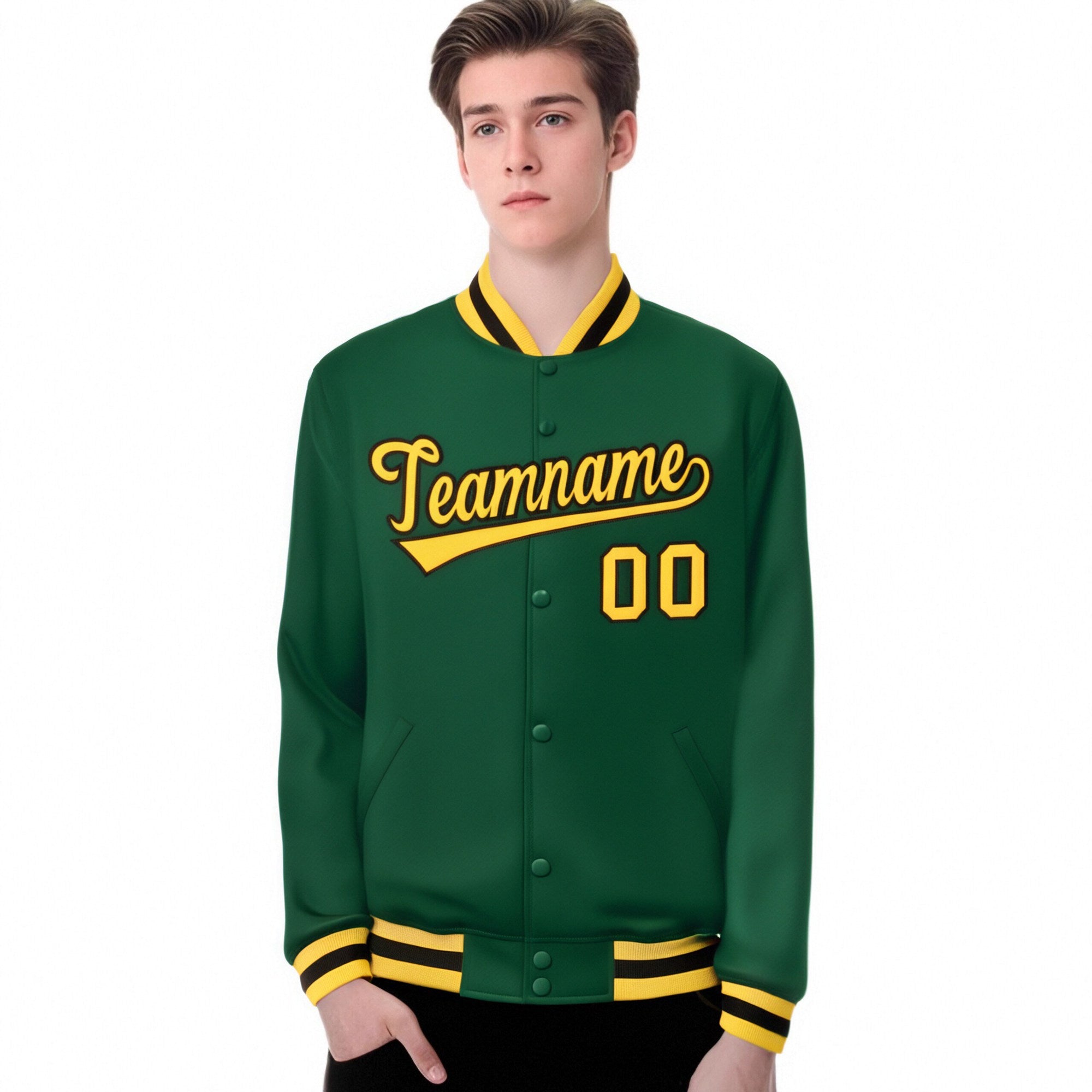 Custom Kelly Green Yellow-Black Bomber Full-Snap Varsity Letterman Jacket