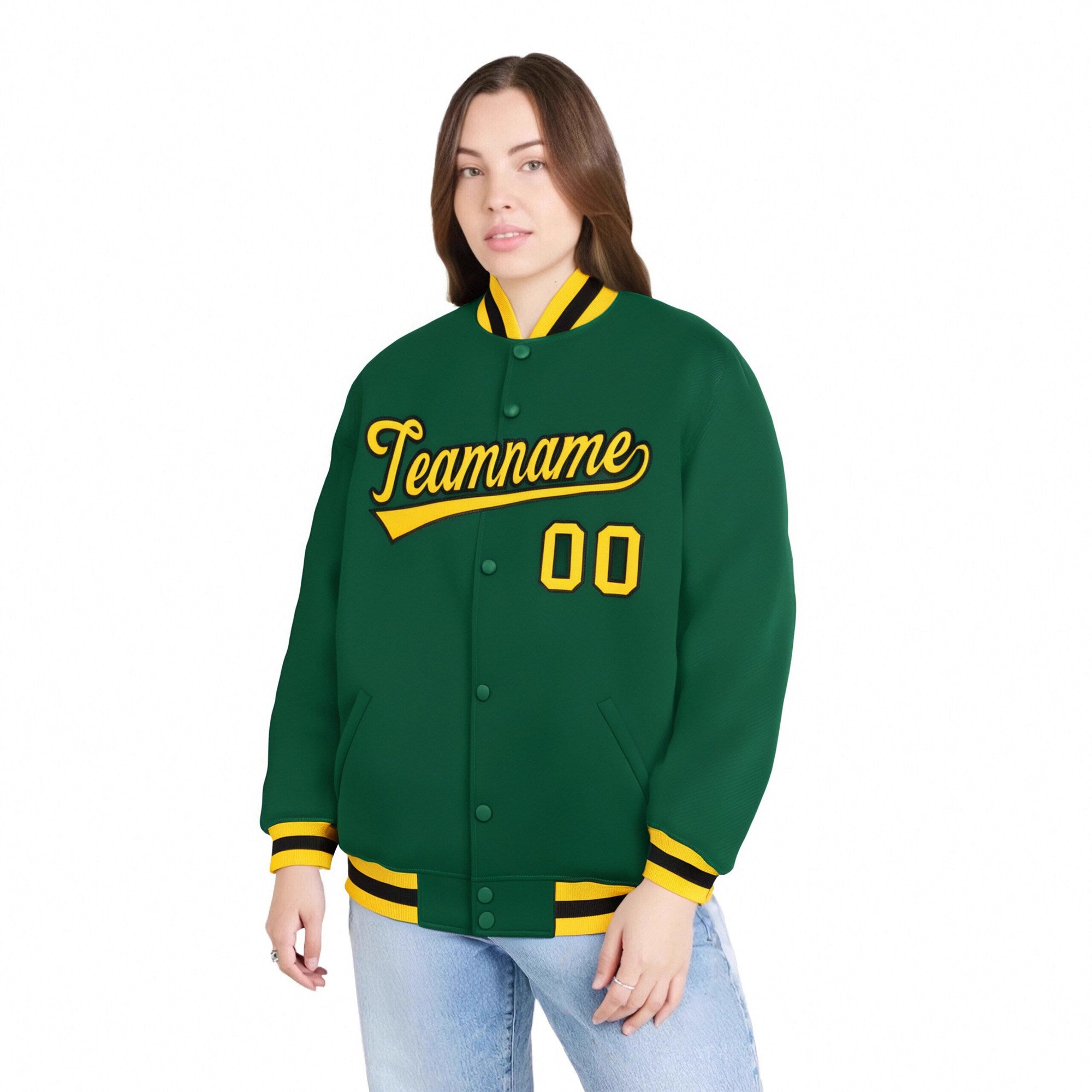 Custom Kelly Green Yellow-Black Bomber Full-Snap Varsity Letterman Jacket