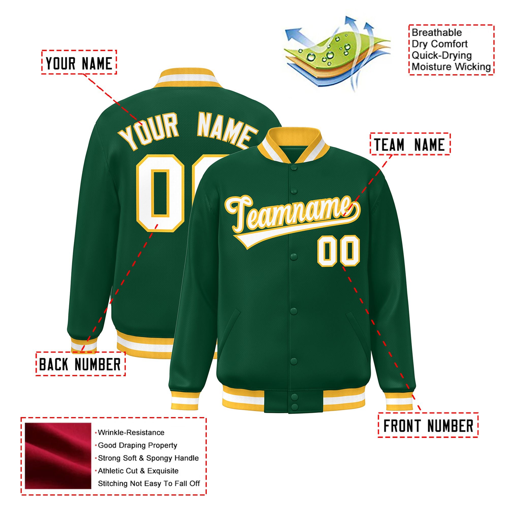 Custom Kelly Green White-Yellow Bomber Full-Snap Varsity Letterman Jacket