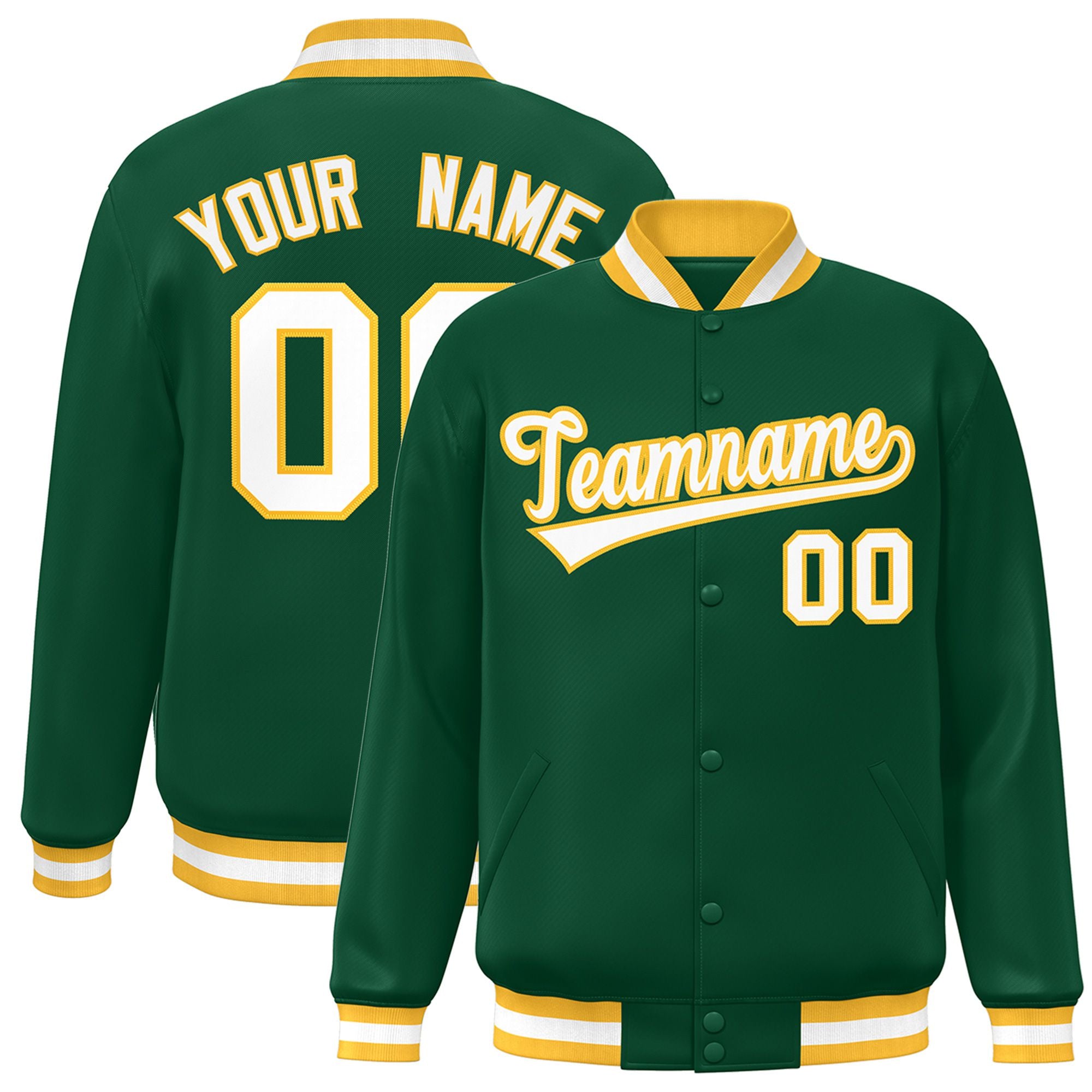 Custom Kelly Green White-Yellow Bomber Full-Snap Varsity Letterman Jacket