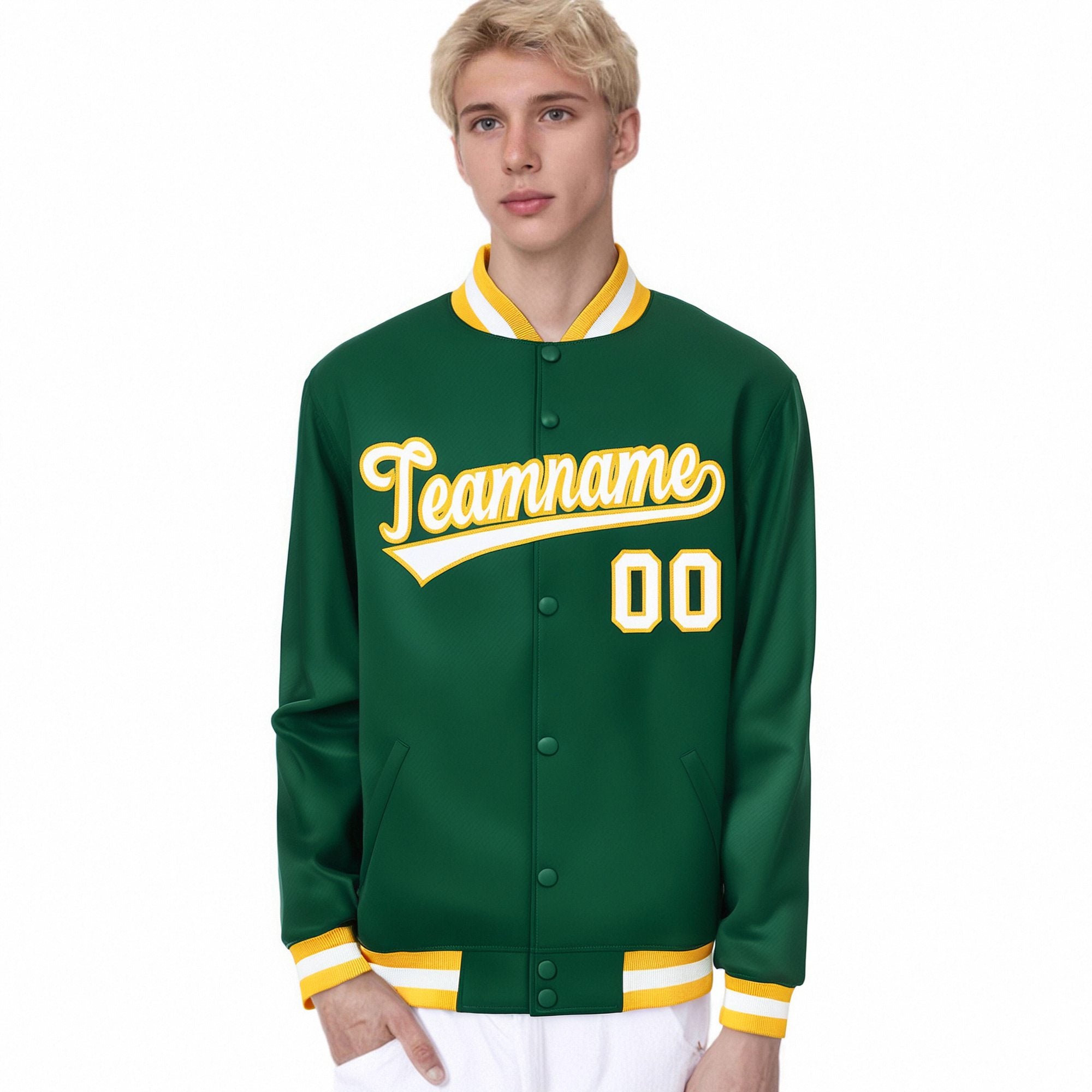 Custom Kelly Green White-Yellow Bomber Full-Snap Varsity Letterman Jacket