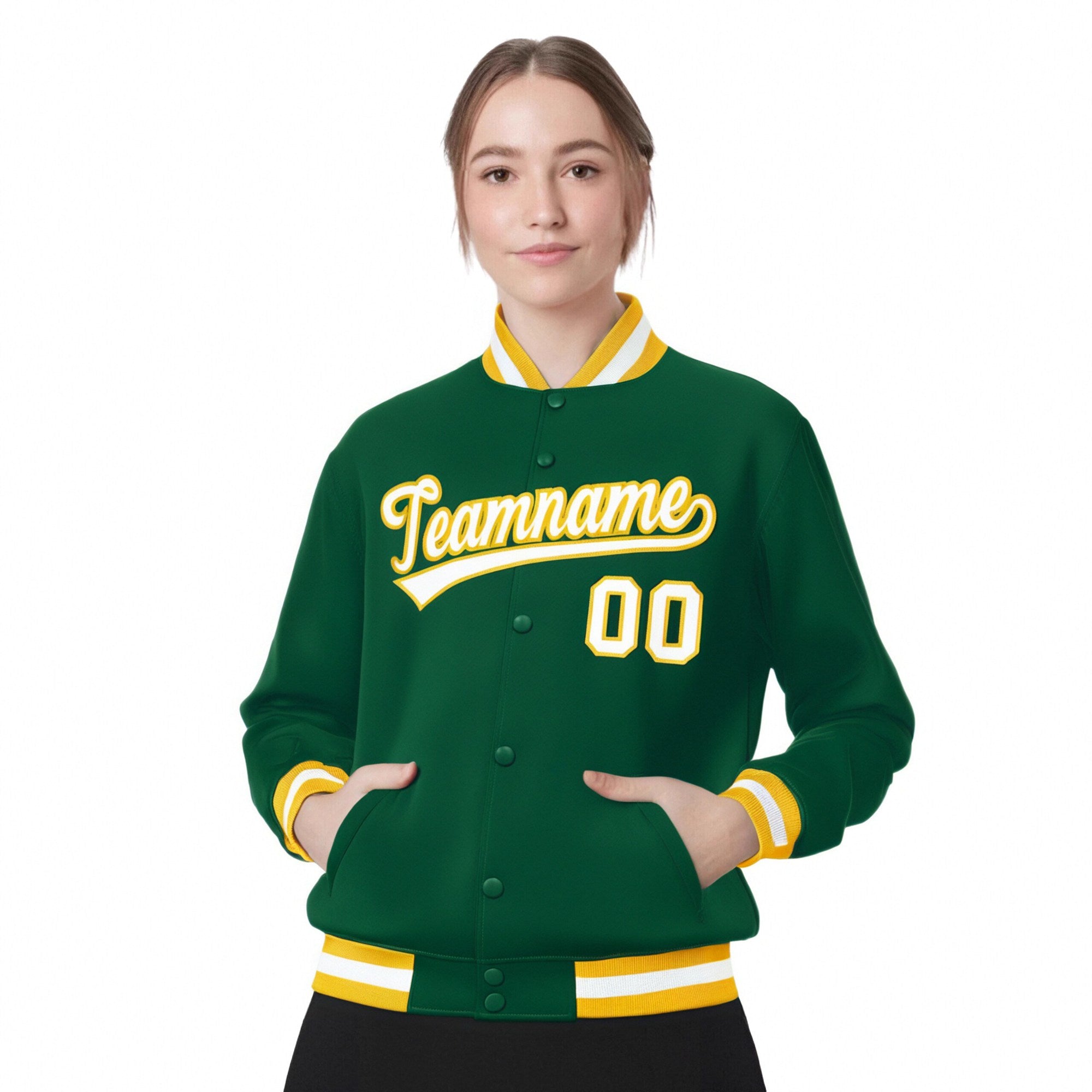 Custom Kelly Green White-Yellow Bomber Full-Snap Varsity Letterman Jacket