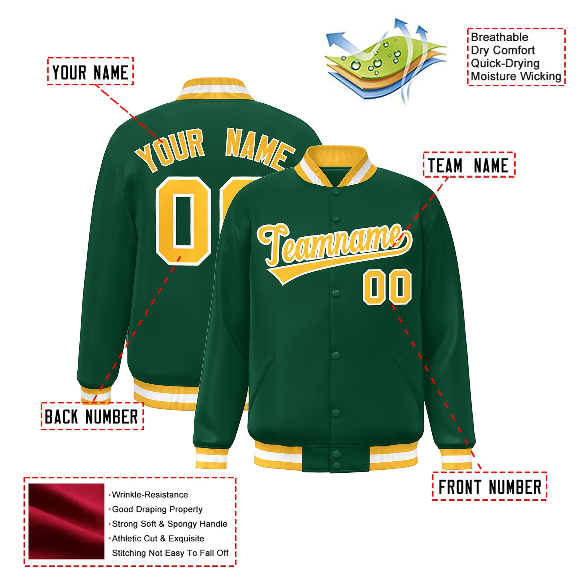 Custom Kelly Green Yellow-White Bomber Full-Snap Varsity Letterman Jacket