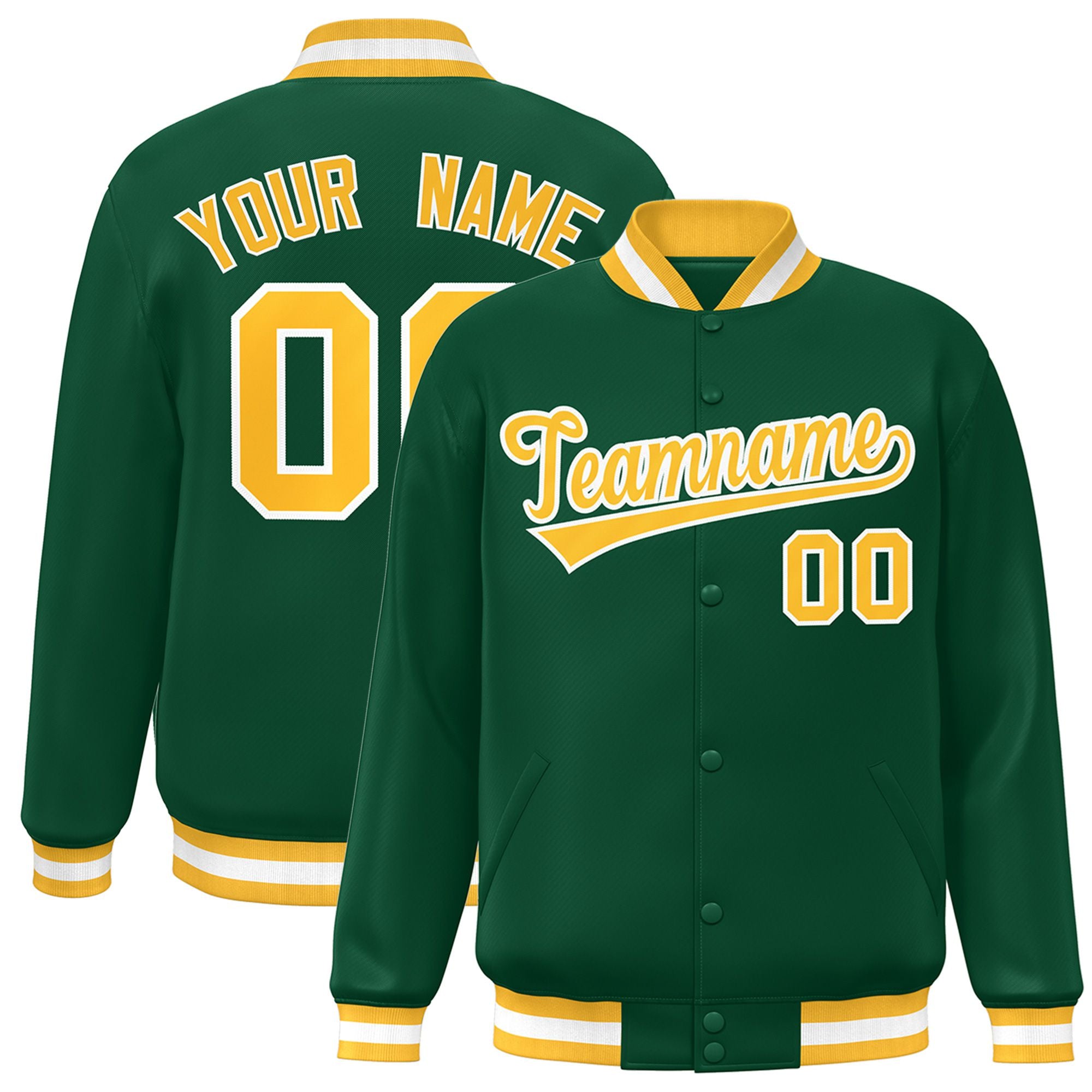 Custom Kelly Green Yellow-White Bomber Full-Snap Varsity Letterman Jacket