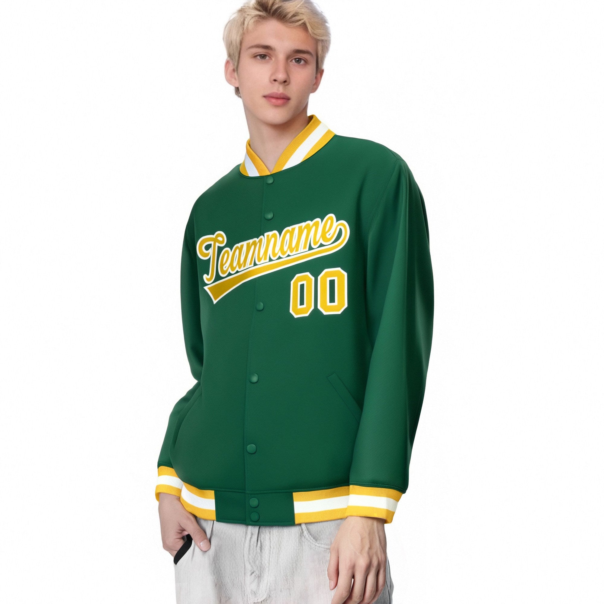 Custom Kelly Green Yellow-White Bomber Full-Snap Varsity Letterman Jacket