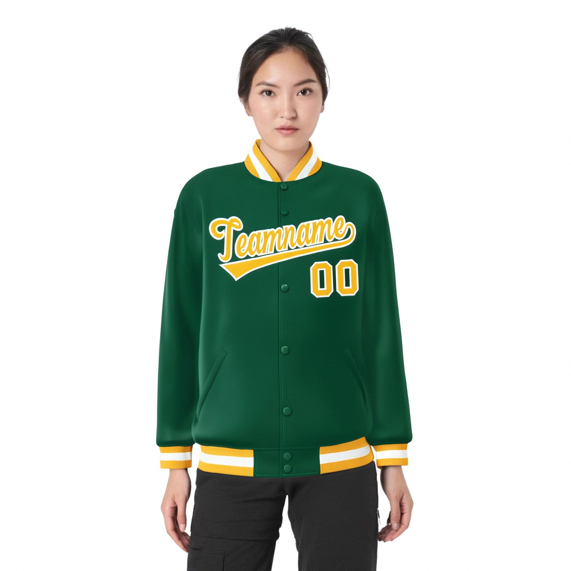 Custom Kelly Green Yellow-White Bomber Full-Snap Varsity Letterman Jacket