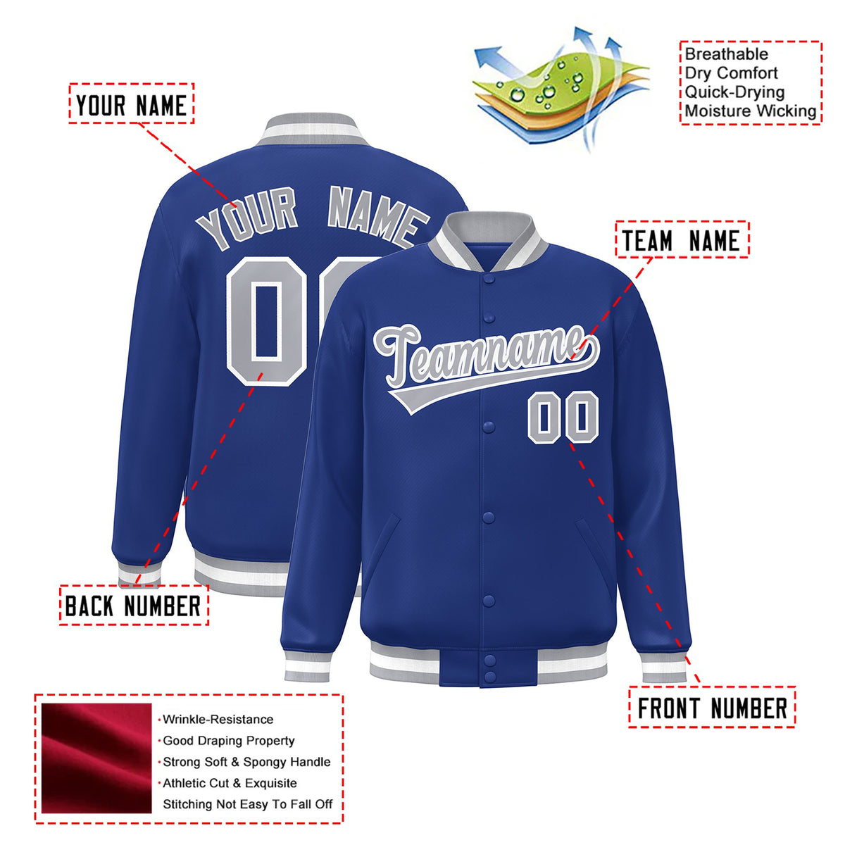 Custom Royal Blue Gray-White Bomber Full-Snap Varsity Letterman Jacket