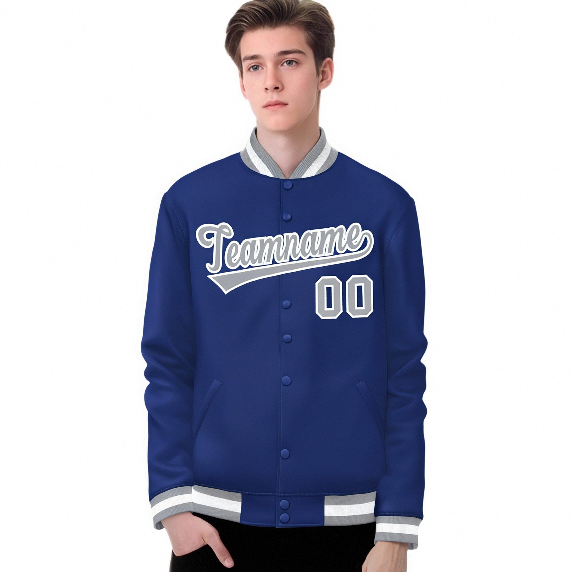 Custom Royal Blue Gray-White Bomber Full-Snap Varsity Letterman Jacket