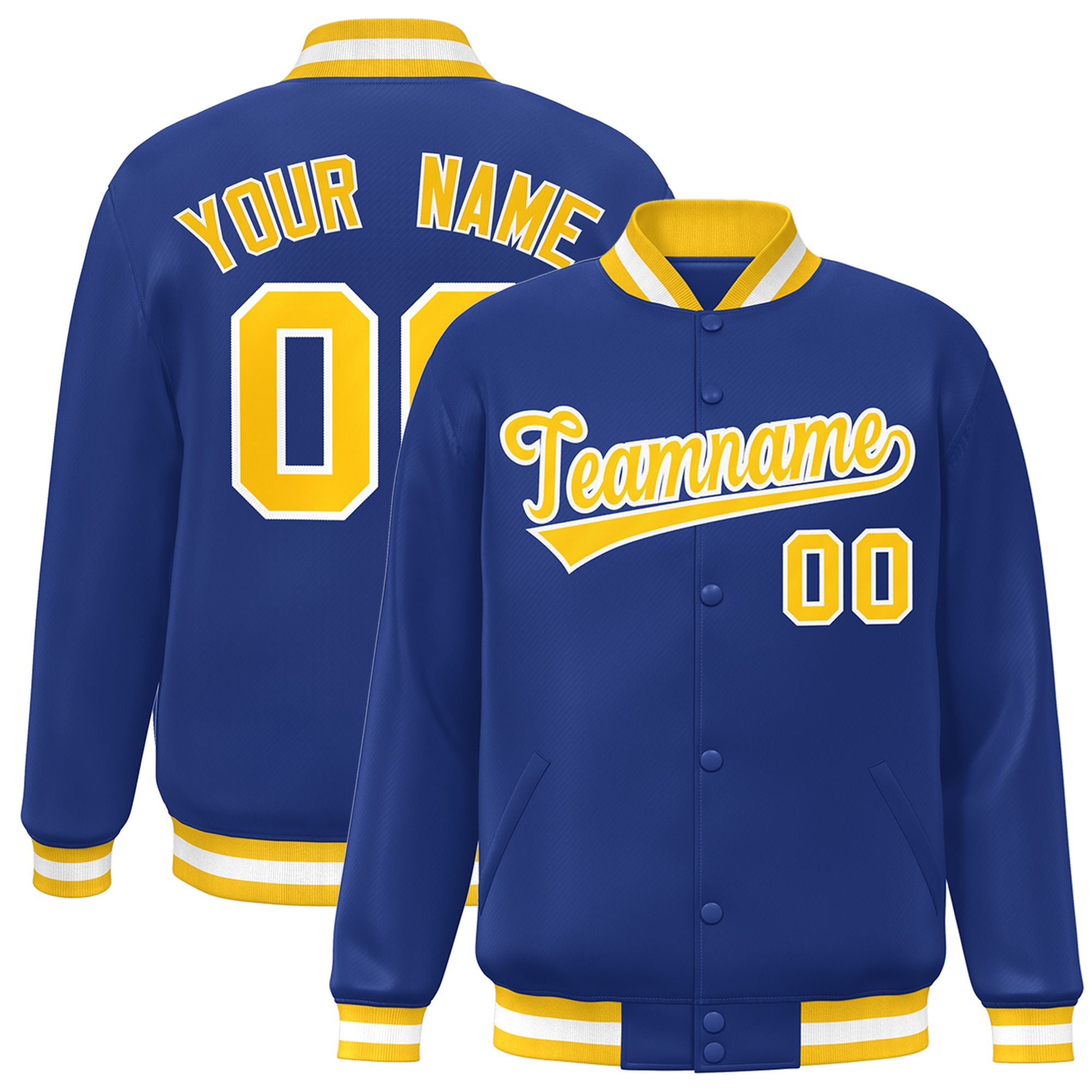 Custom Royal Blue Gold-White Bomber Full-Snap Varsity Letterman Jacket