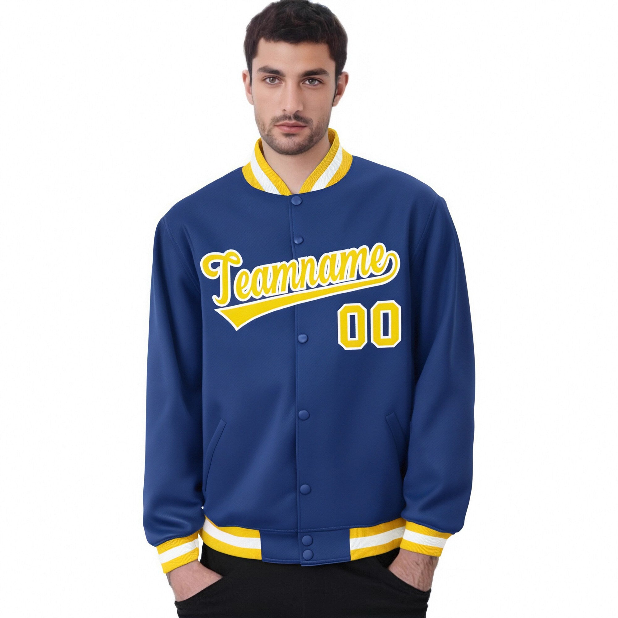 Custom Royal Blue Gold-White Bomber Full-Snap Varsity Letterman Jacket