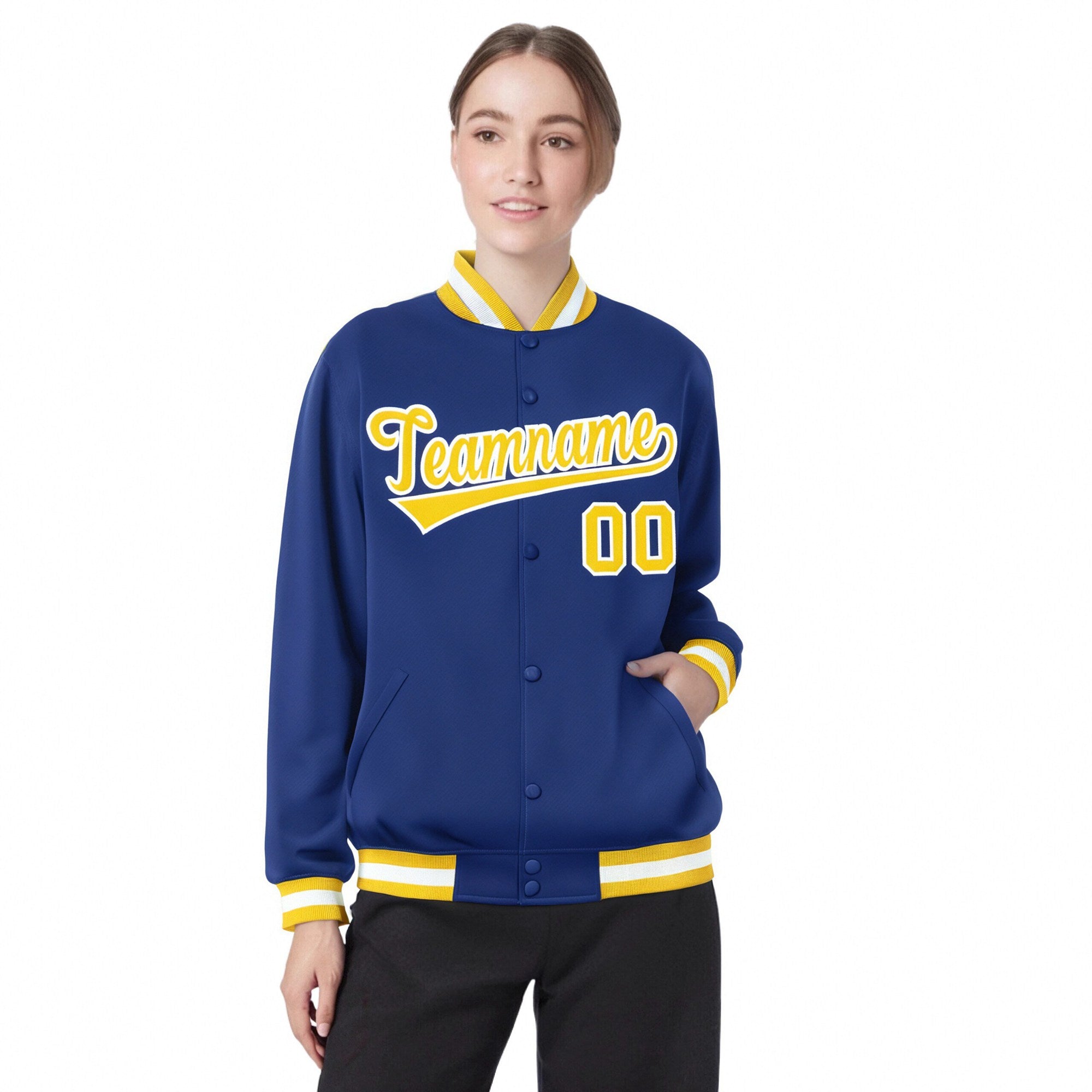 Custom Royal Blue Gold-White Bomber Full-Snap Varsity Letterman Jacket