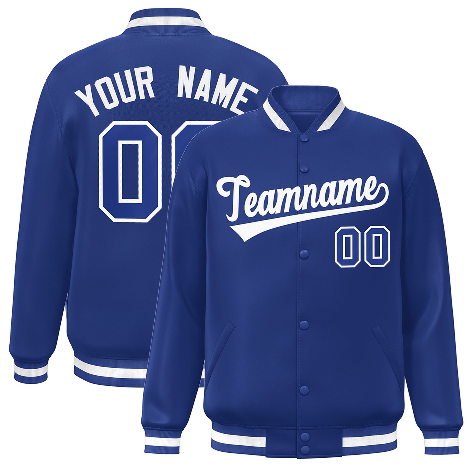 Custom Royal Blue White Bomber Full-Snap Varsity Letterman Jacket