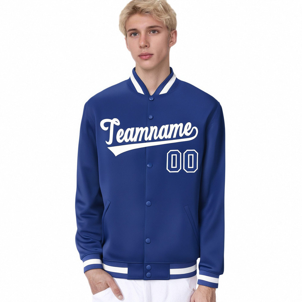 Custom Royal Blue White Bomber Full-Snap Varsity Letterman Jacket