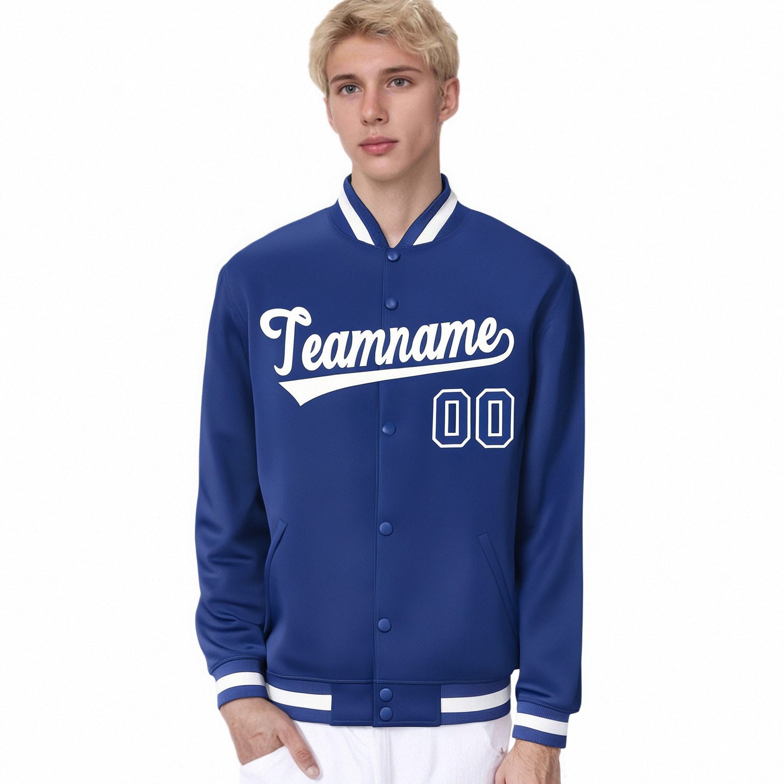 Custom Royal Blue White Bomber Full-Snap Varsity Letterman Jacket