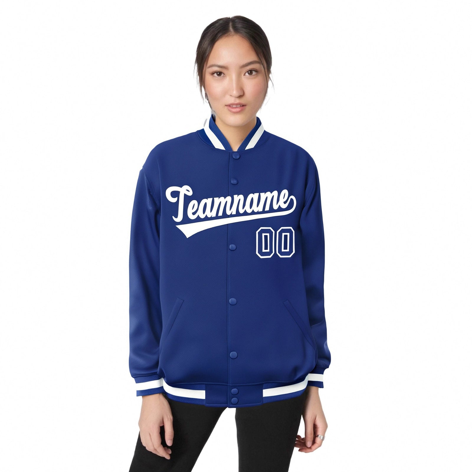Custom Royal Blue White Bomber Full-Snap Varsity Letterman Jacket