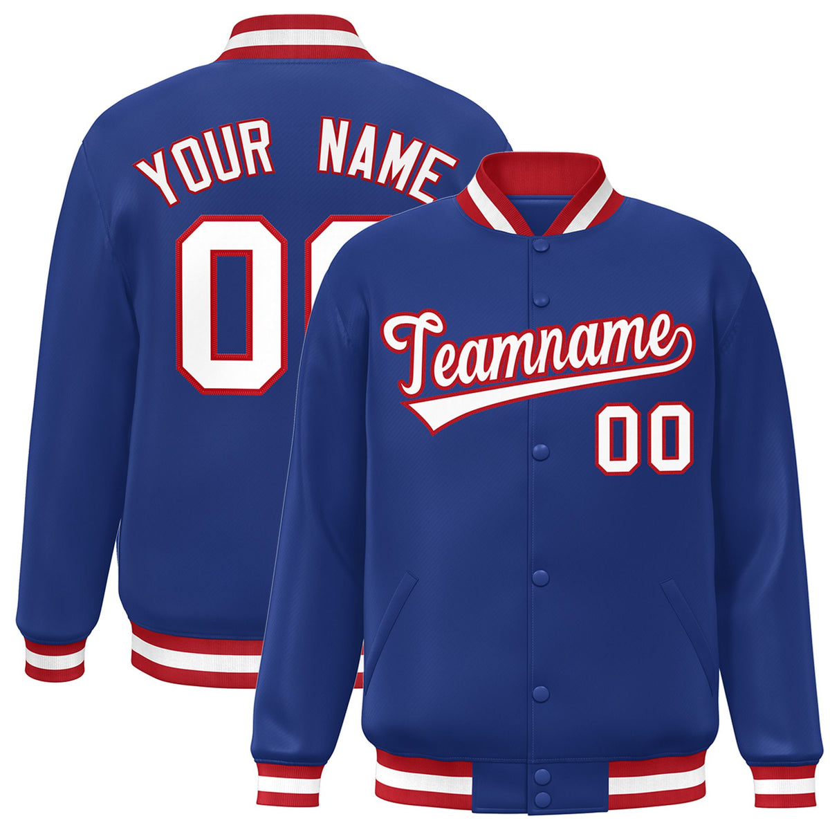 Custom Royal Blue White-Red Bomber Full-Snap Varsity Letterman Jacket
