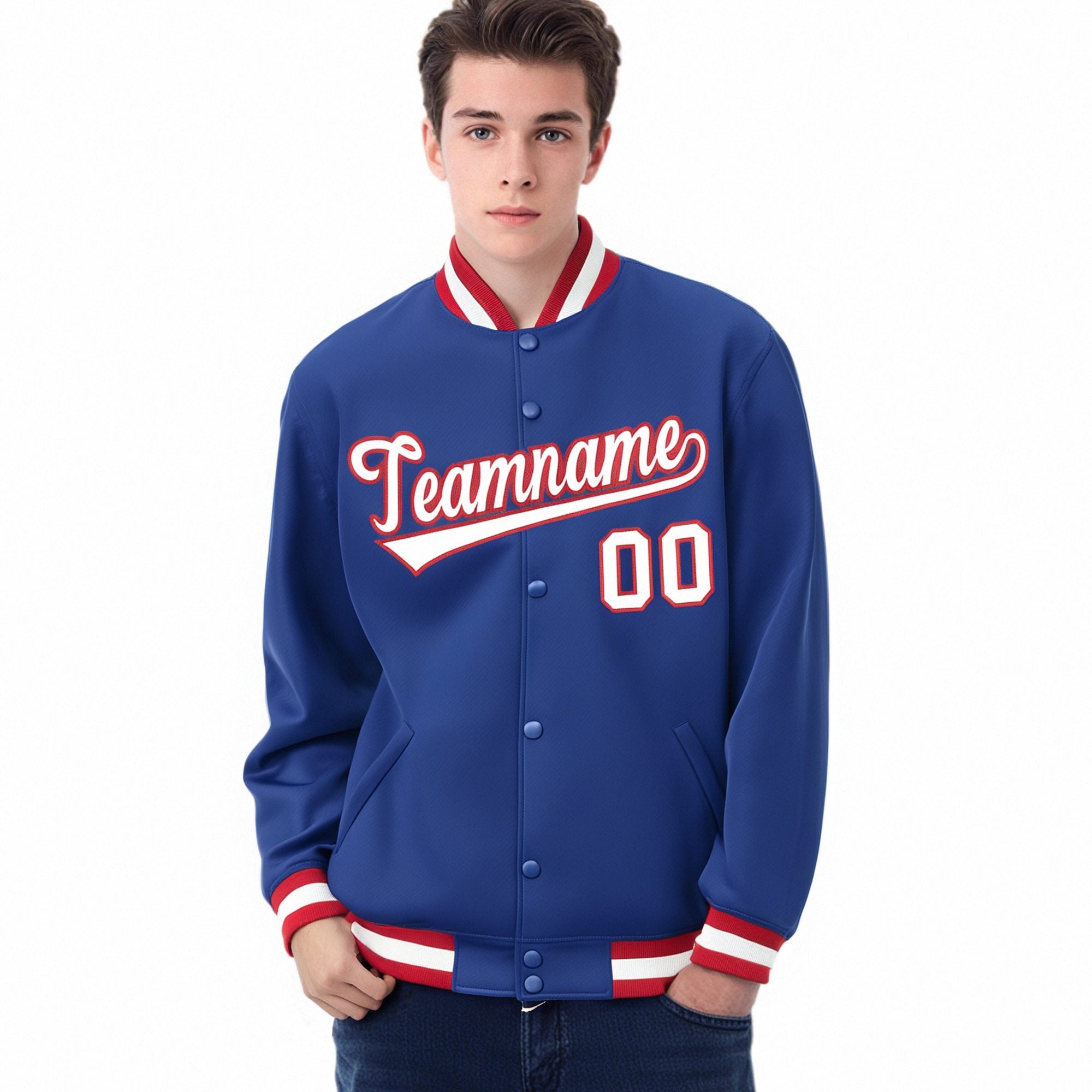 Custom Royal Blue White-Red Bomber Full-Snap Varsity Letterman Jacket