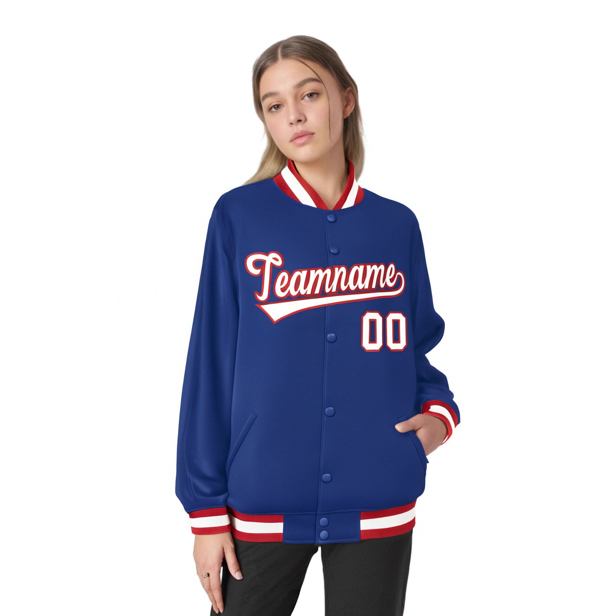 Custom Royal Blue White-Red Bomber Full-Snap Varsity Letterman Jacket