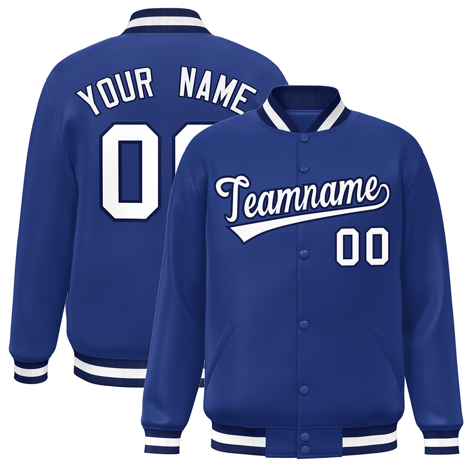Custom Royal Blue Black-White Bomber Full-Snap Varsity Letterman Jacket