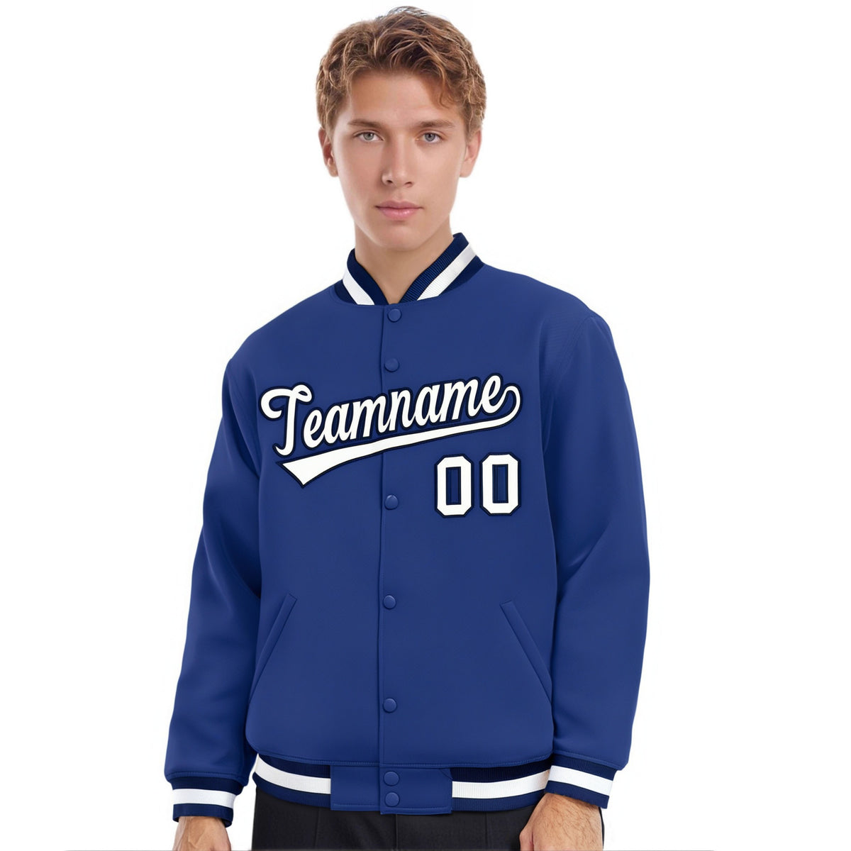 Custom Royal Blue Black-White Bomber Full-Snap Varsity Letterman Jacket