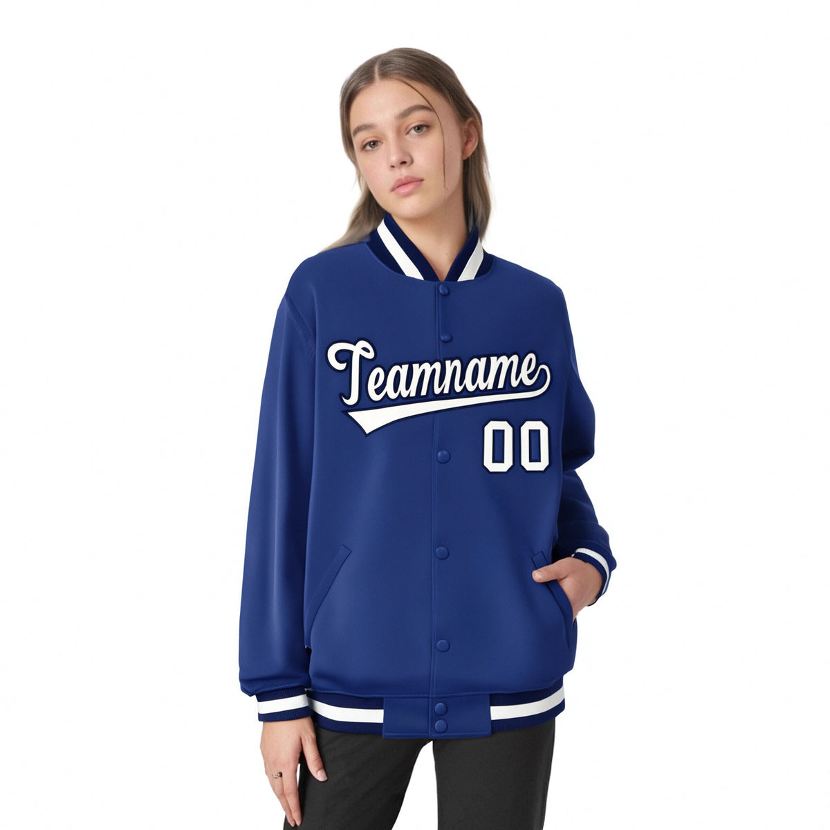 Custom Royal Blue Black-White Bomber Full-Snap Varsity Letterman Jacket